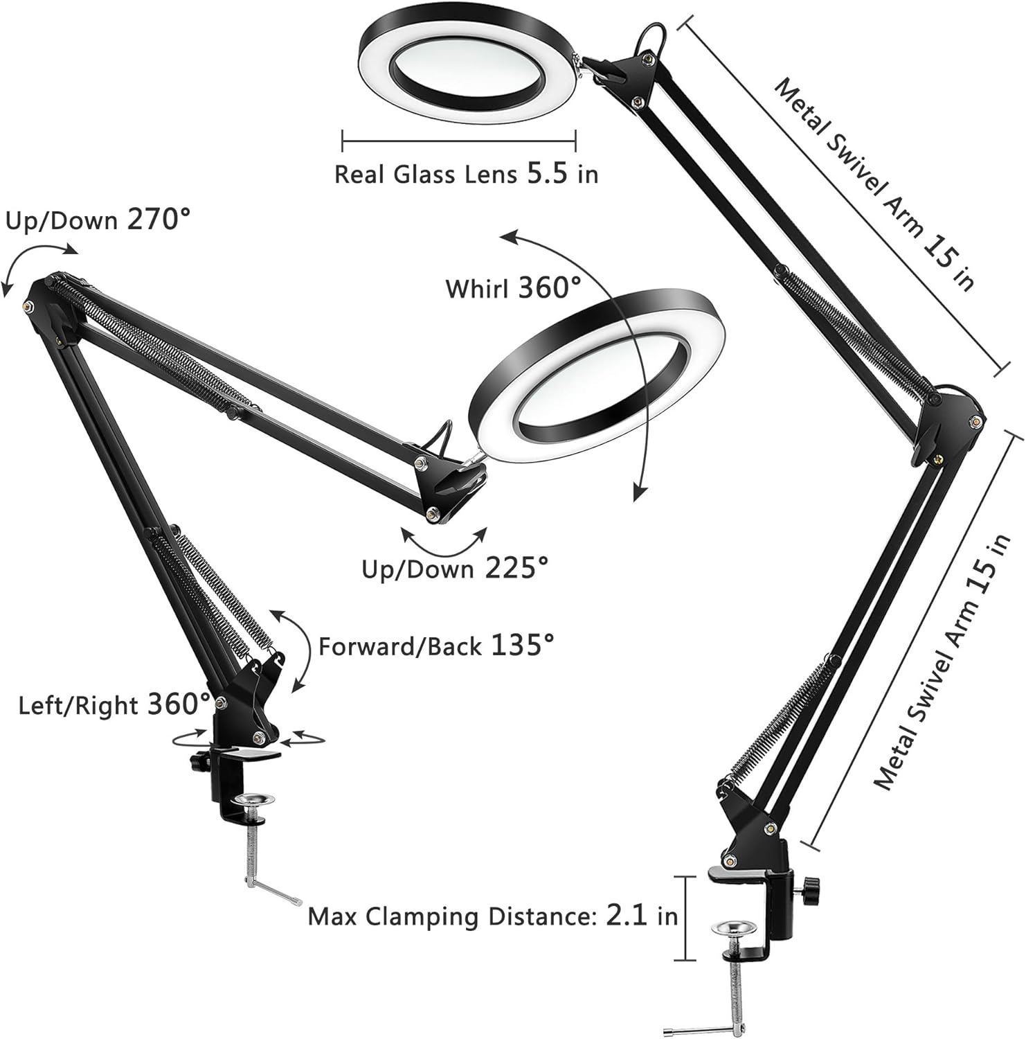 Verstellbare Lupenlampe mit Metall-Schwenkarmen und kreisförmigem Licht und Linse.