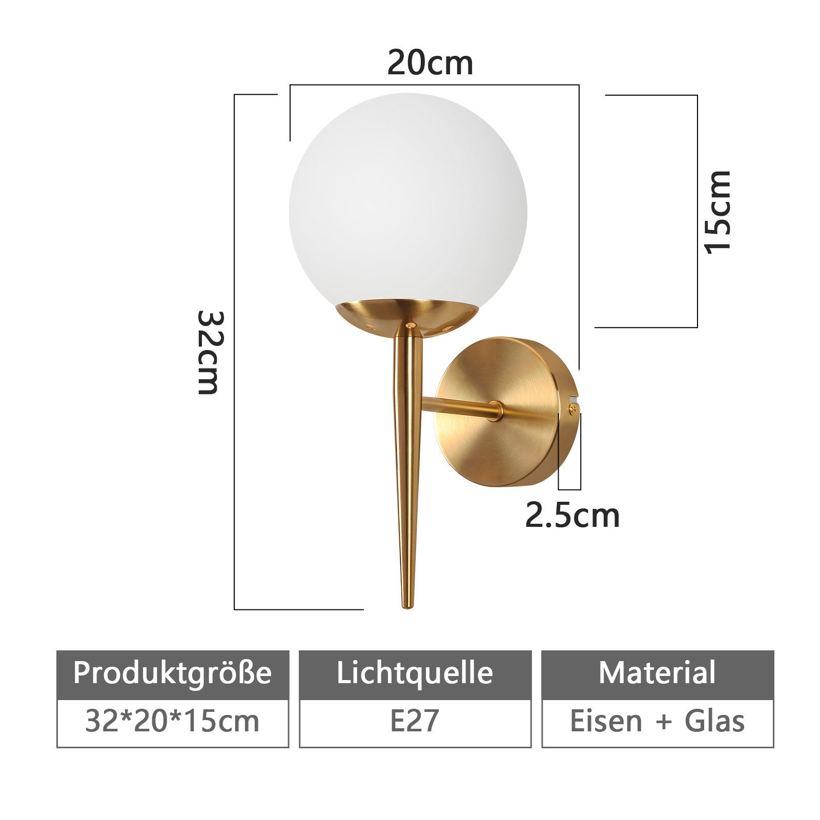 Lampada da parete dorata con globo bianco. Dimensioni e specifiche sono mostrate sotto.