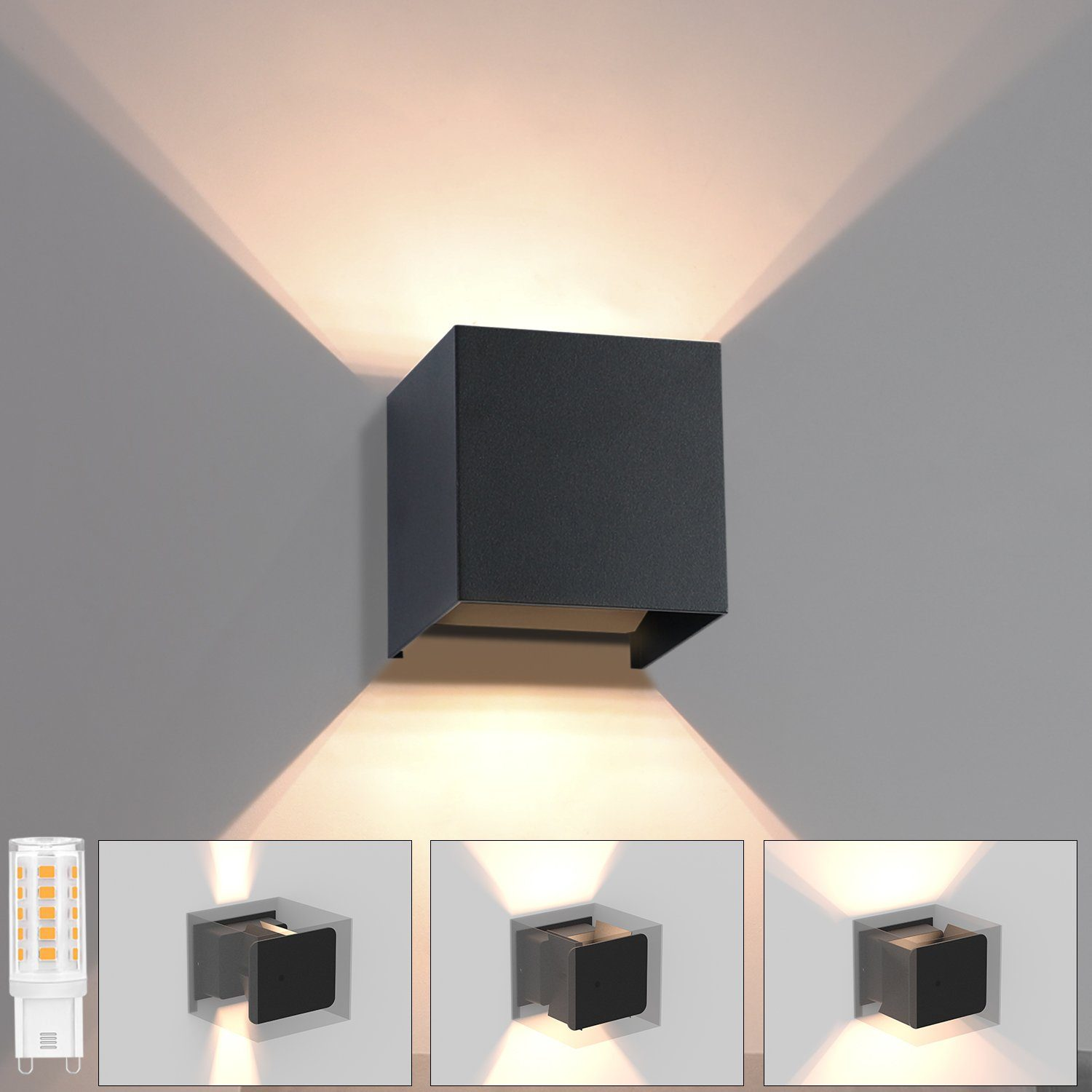 Luz de pared exterior negra en forma de cubo, tres imágenes más pequeñas muestran patrones de luz y una bombilla.