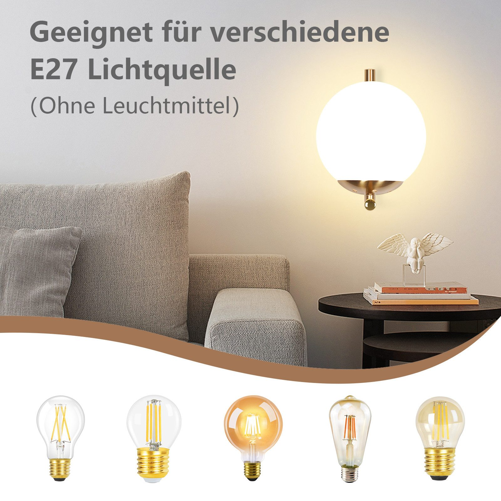Lampa z białą kulą i różnymi żarówkami poniżej.