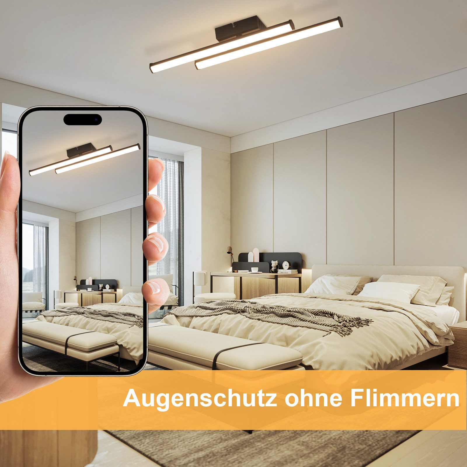 Sypialnia z jasnym oświetleniem sufitowym odbitym na ekranie telefonu. Tekst: AugenSchutz ohne Flimmern.