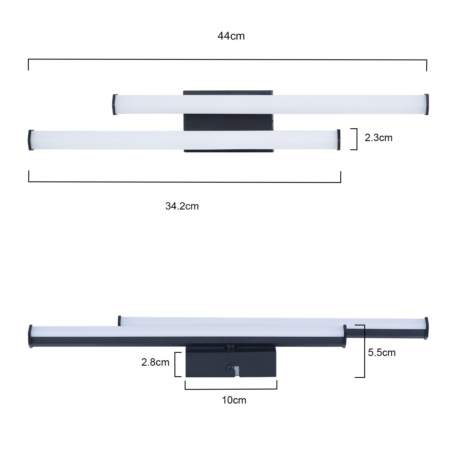Dwie liniowe lampy LED z wyświetlonymi wymiarami. Światła są czarne i zamontowane na białej ścianie.