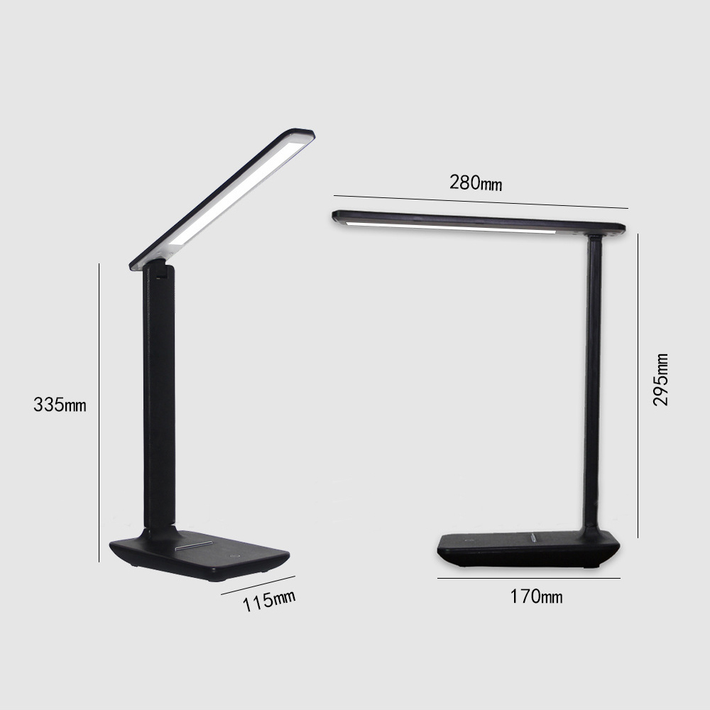 Zwei schwarze Schreibtischlampen, eine gerade und eine angewinkelte, mit Abmessungen.