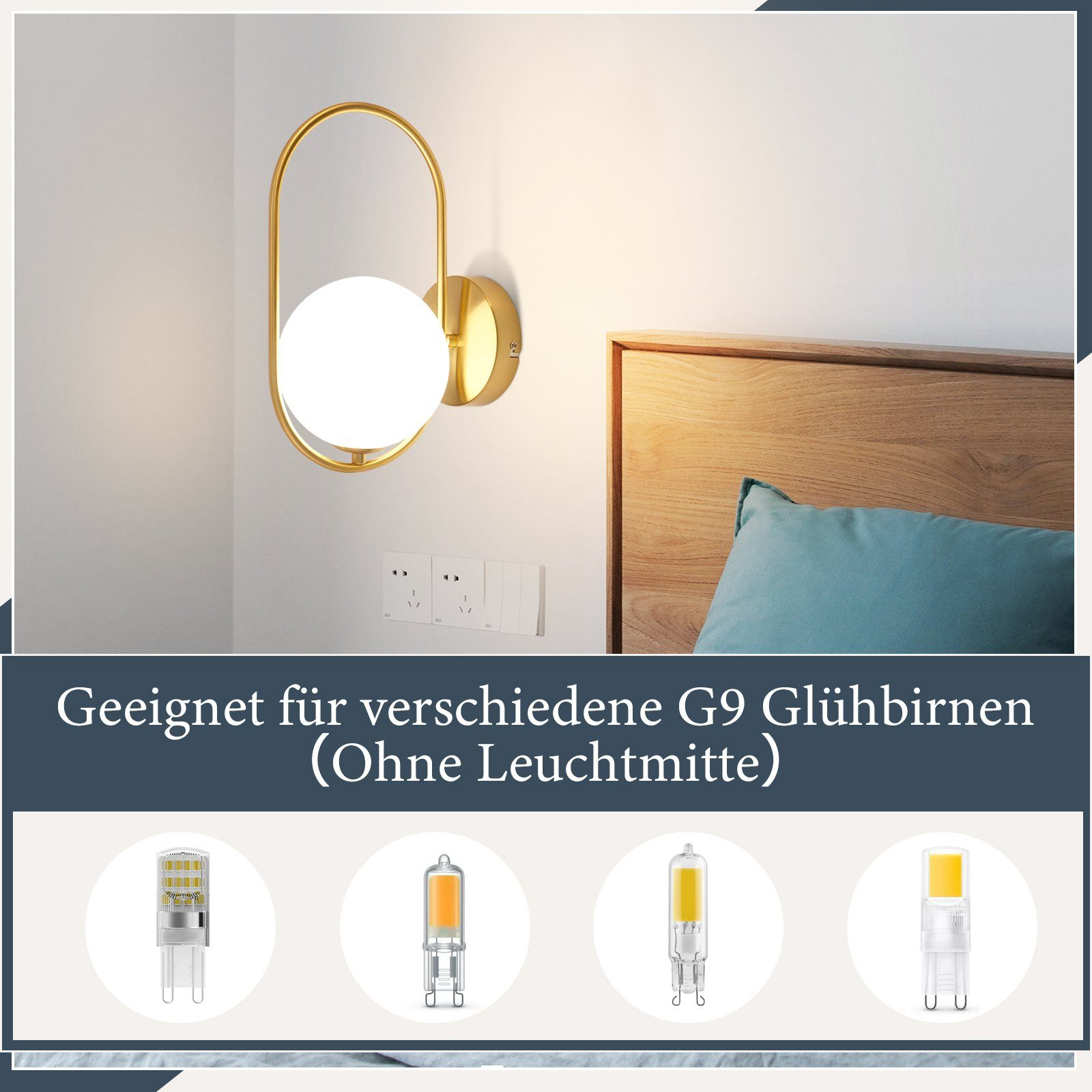 Una lampada da parete dorata con un globo bianco e quattro lampadine diverse sotto.