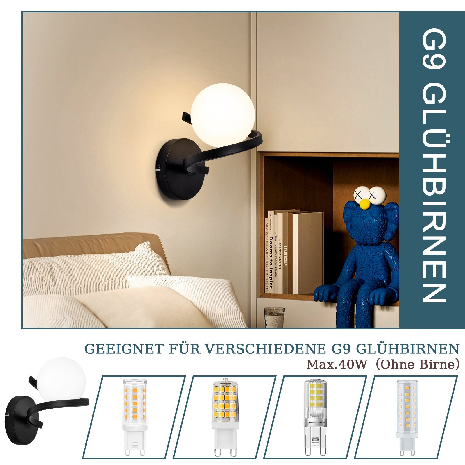 Una lampada da parete con un globo bianco e un braccio nero, con esempi di lampadine G9.