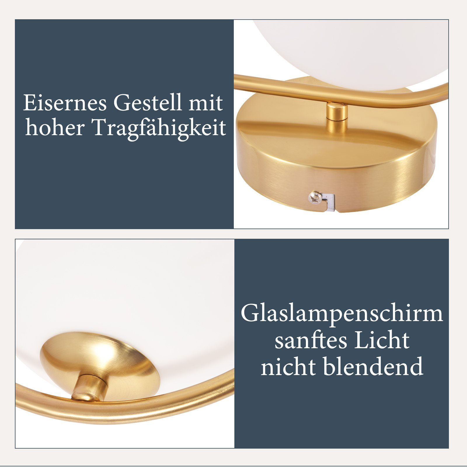 Dettagli in primo piano di una lampada oro e bianca, che mostrano i suoi elementi di design e il testo. Sfondo blu scuro.