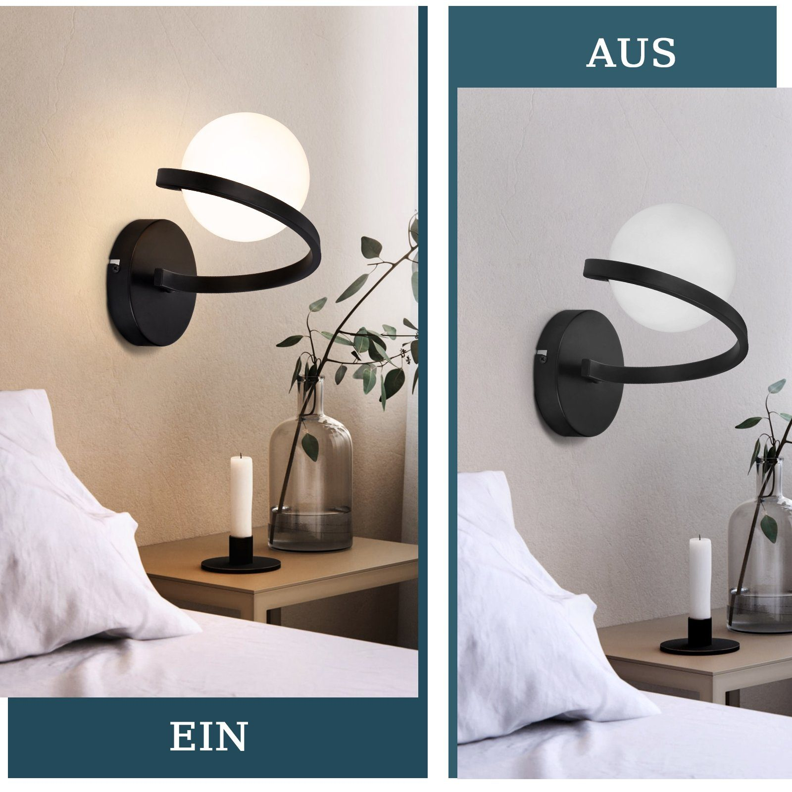 Applique da parete con braccio curvo nero, luce a globo bianco e tavolo.
