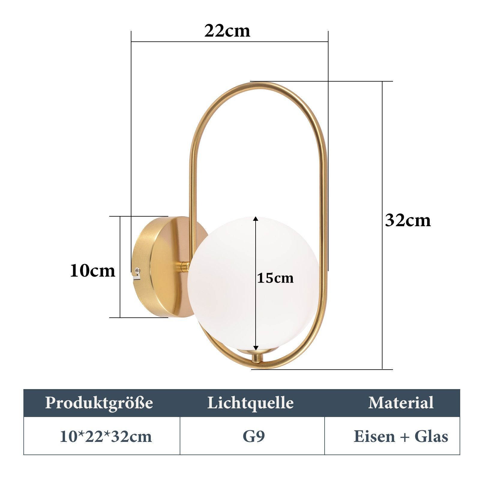 Lampada da parete dorata con un globo bianco. Le dimensioni sono visualizzate nell'immagine.