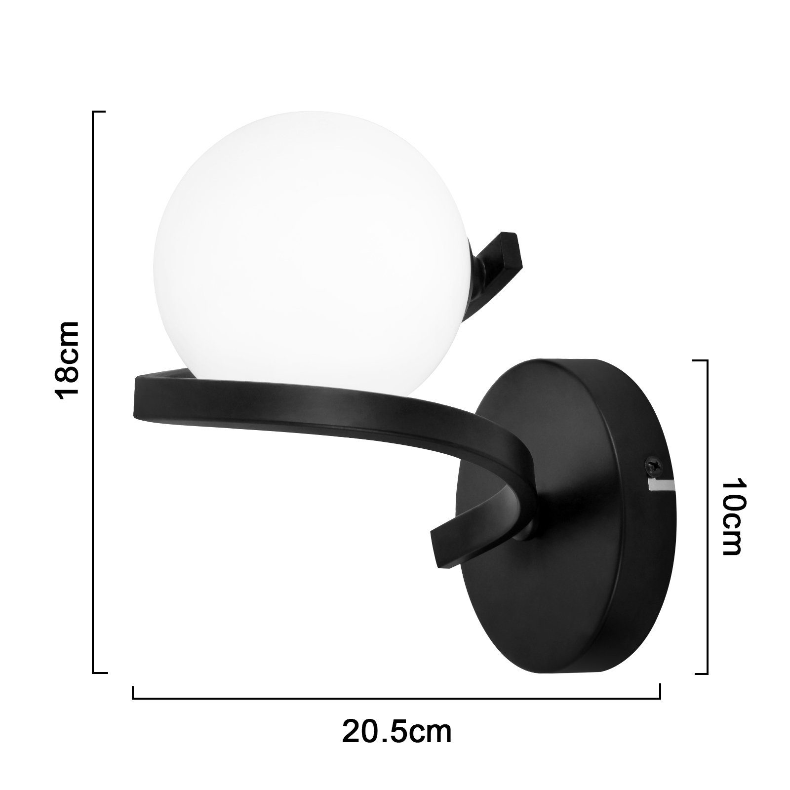 Lampada da parete nera con globo bianco. Le dimensioni sono indicate. Lo sfondo è bianco.