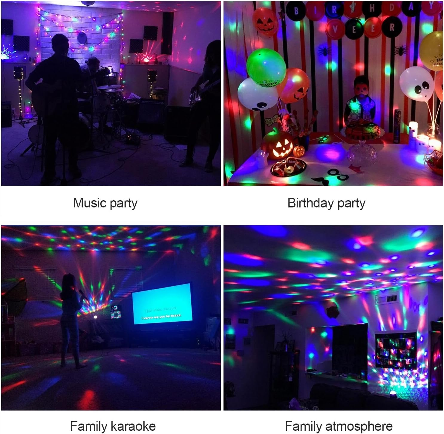 Vier Bilder von Räumen mit Discolichtern. Musikparty, Geburtstagsfeier, Karaoke und Familienatmosphäre.
