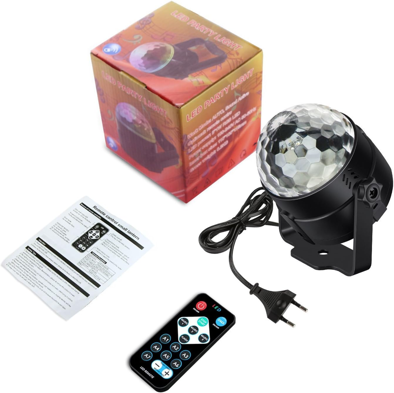 Partylicht in einer Box mit Fernbedienung und Netzkabel.