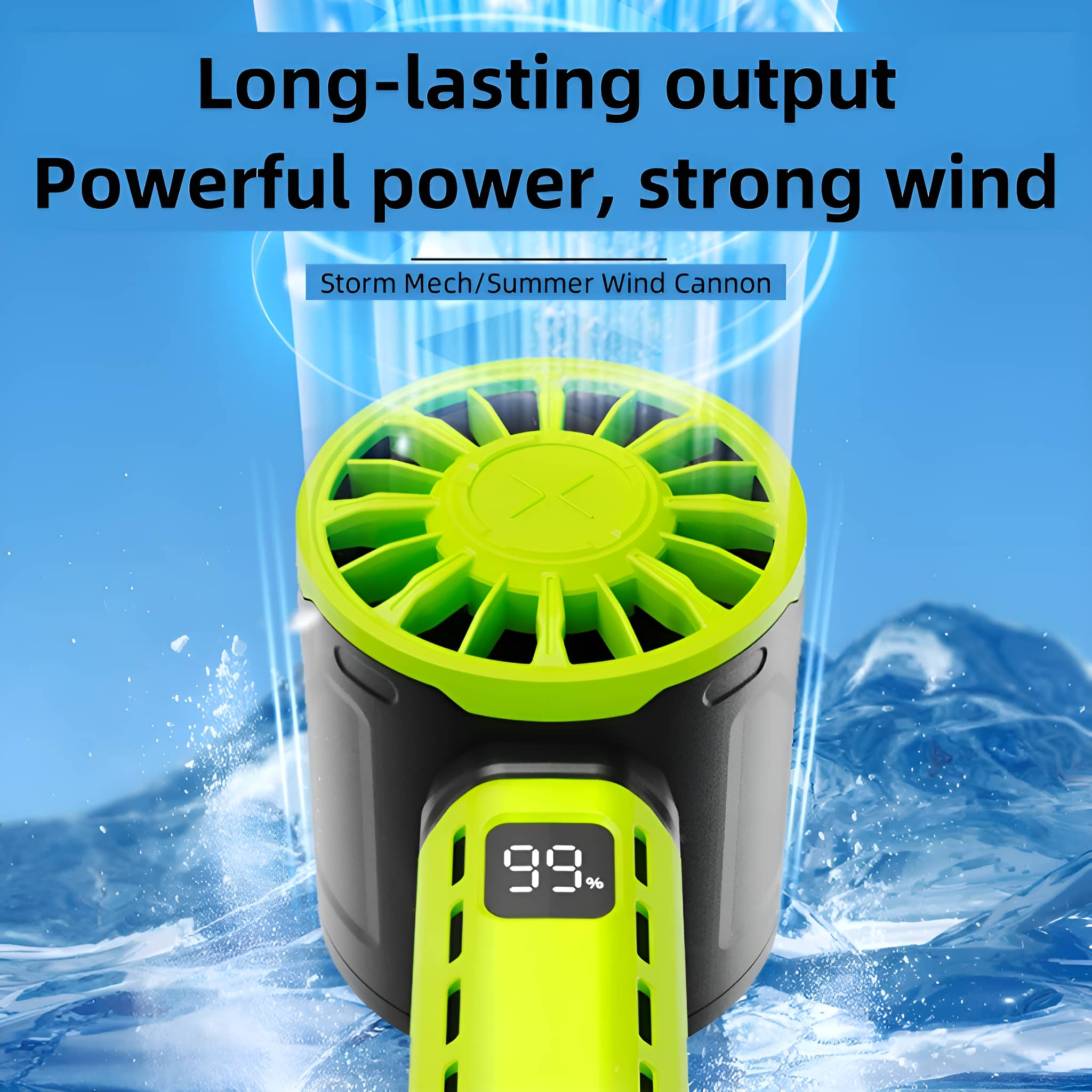 Ein grüner und schwarzer Ventilator mit Display, das 99% anzeigt und Text über Leistung enthält.