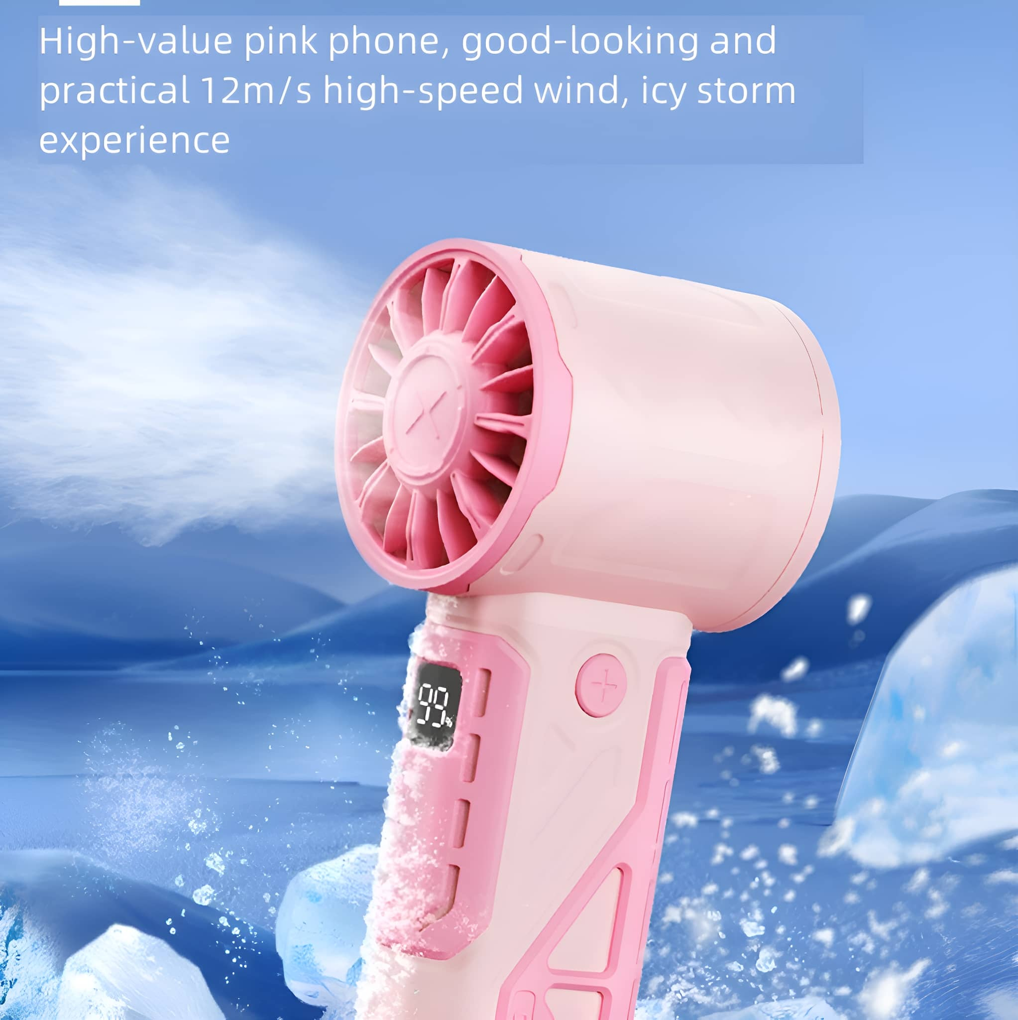 Rosa Handventilator mit Display. Der Ventilator bläst Luft, und im Hintergrund gibt es Eis und Schnee.