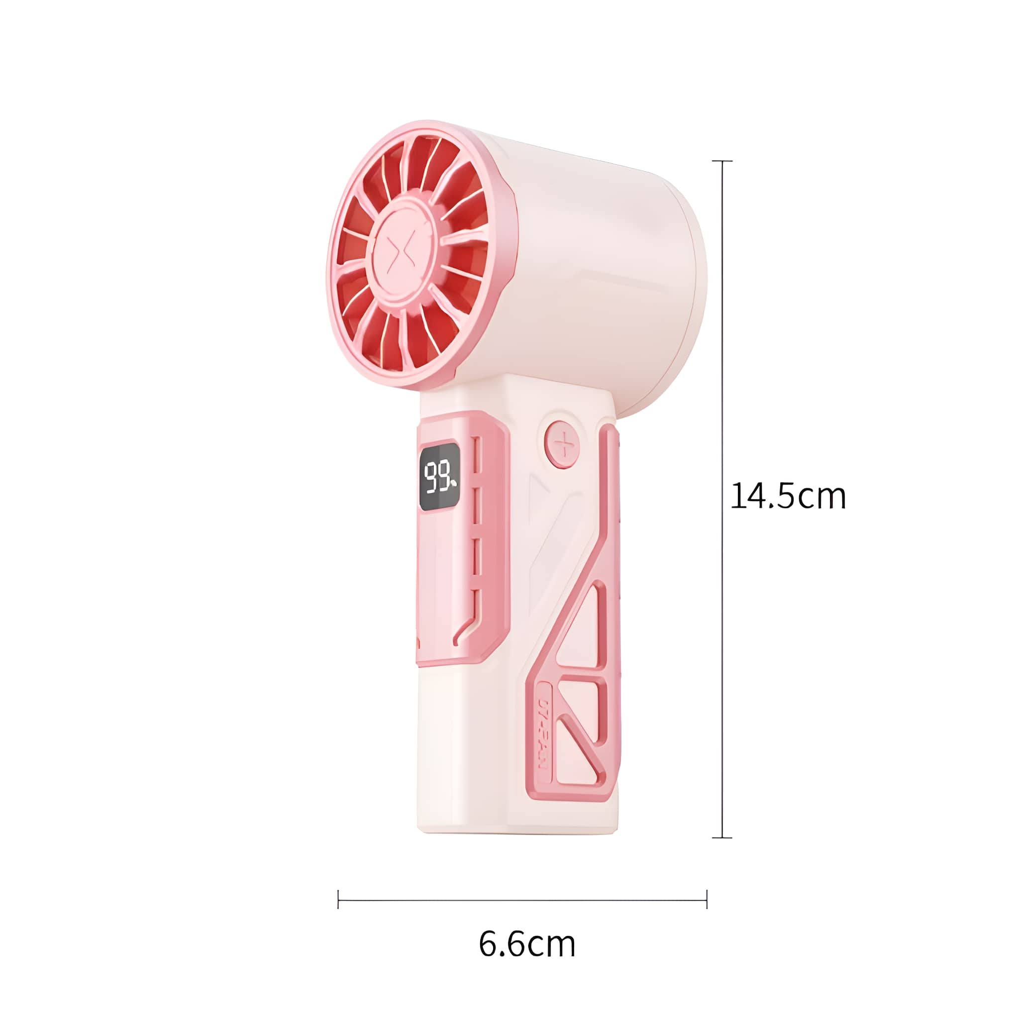 Ein rosa-weißer Handventilator mit Maßangaben, der das Design des Ventilators zeigt.