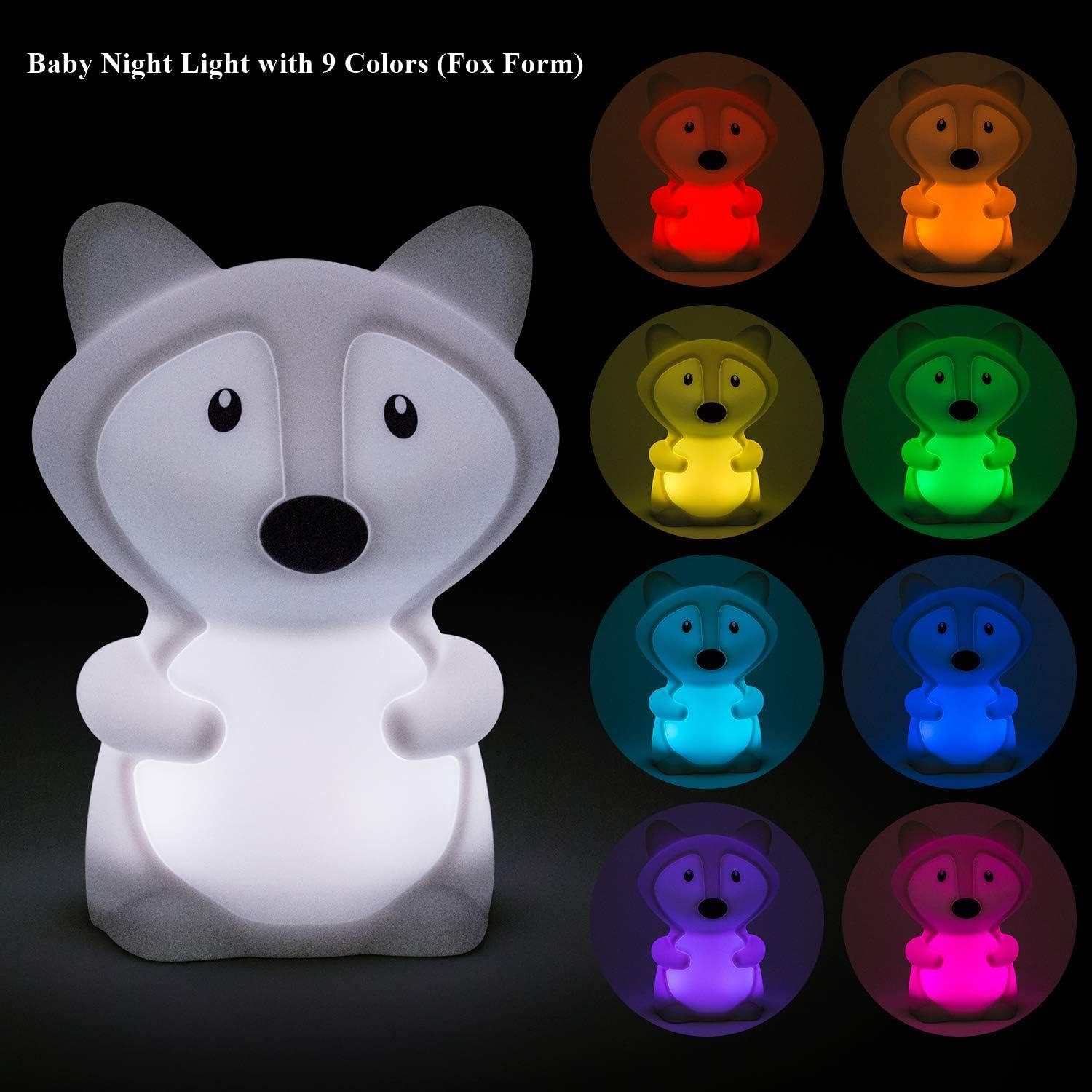 Ein fuchsformiges Nachtlicht leuchtet in 9 verschiedenen Farben: rot, orange, gelb, grün, blau, lila und rosa.