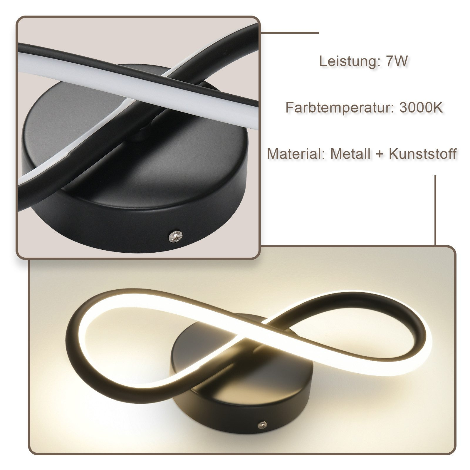 Lampada LED nera con design curvo, dettagli di potenza e materiale.