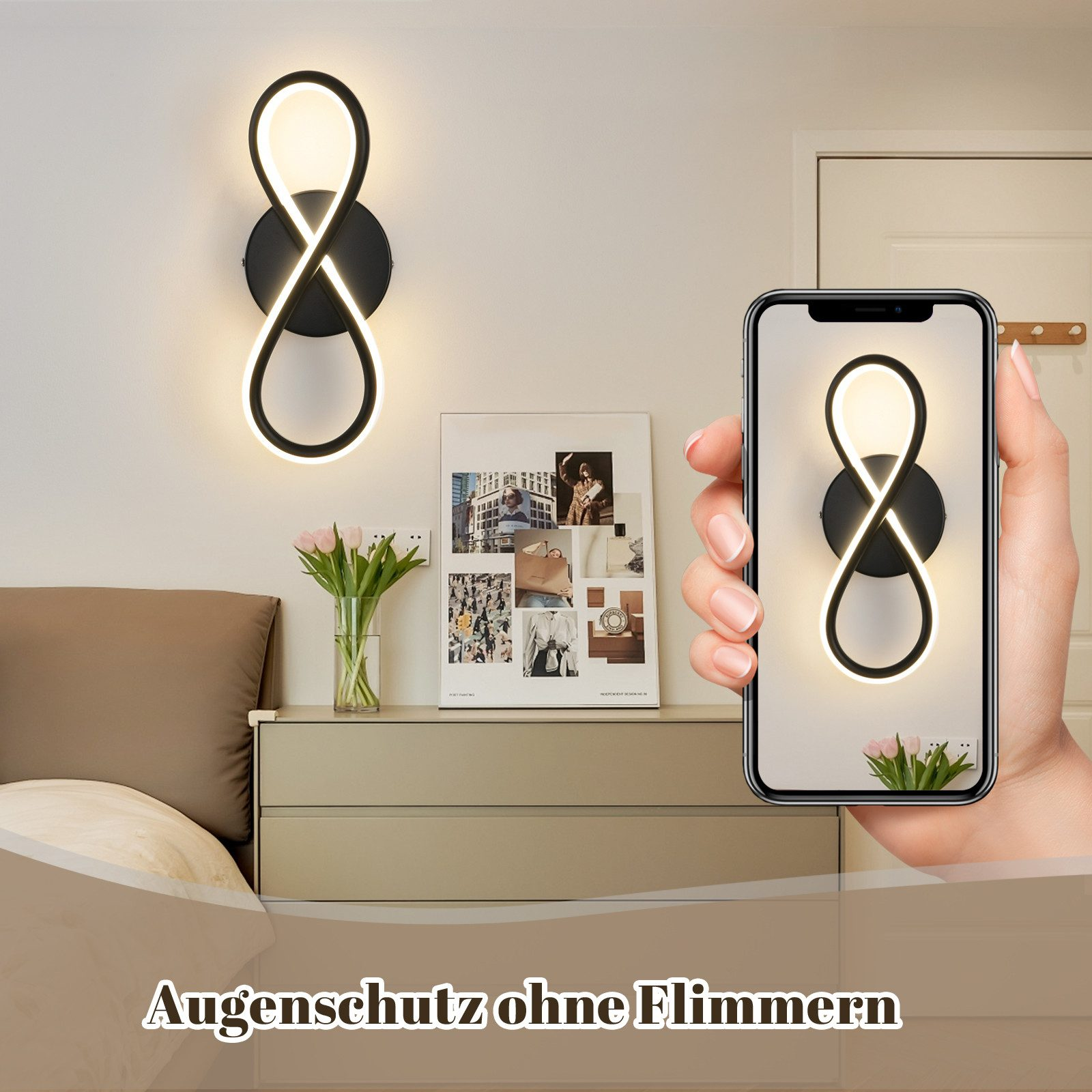 Un muro con una lampada a forma di otto e un telefono che mostra la stessa cosa.