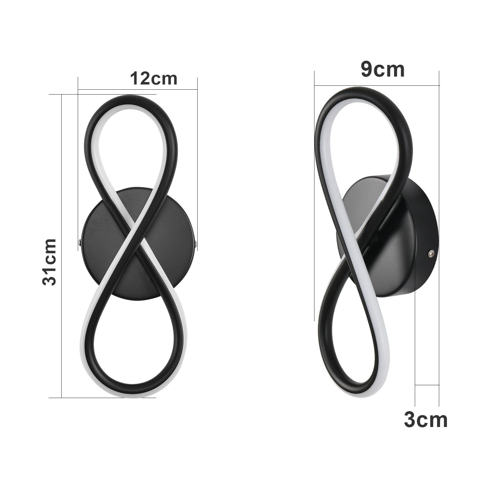 Due luci a LED a forma di infinito montate a parete, bianco e nero. Dimensioni indicate.