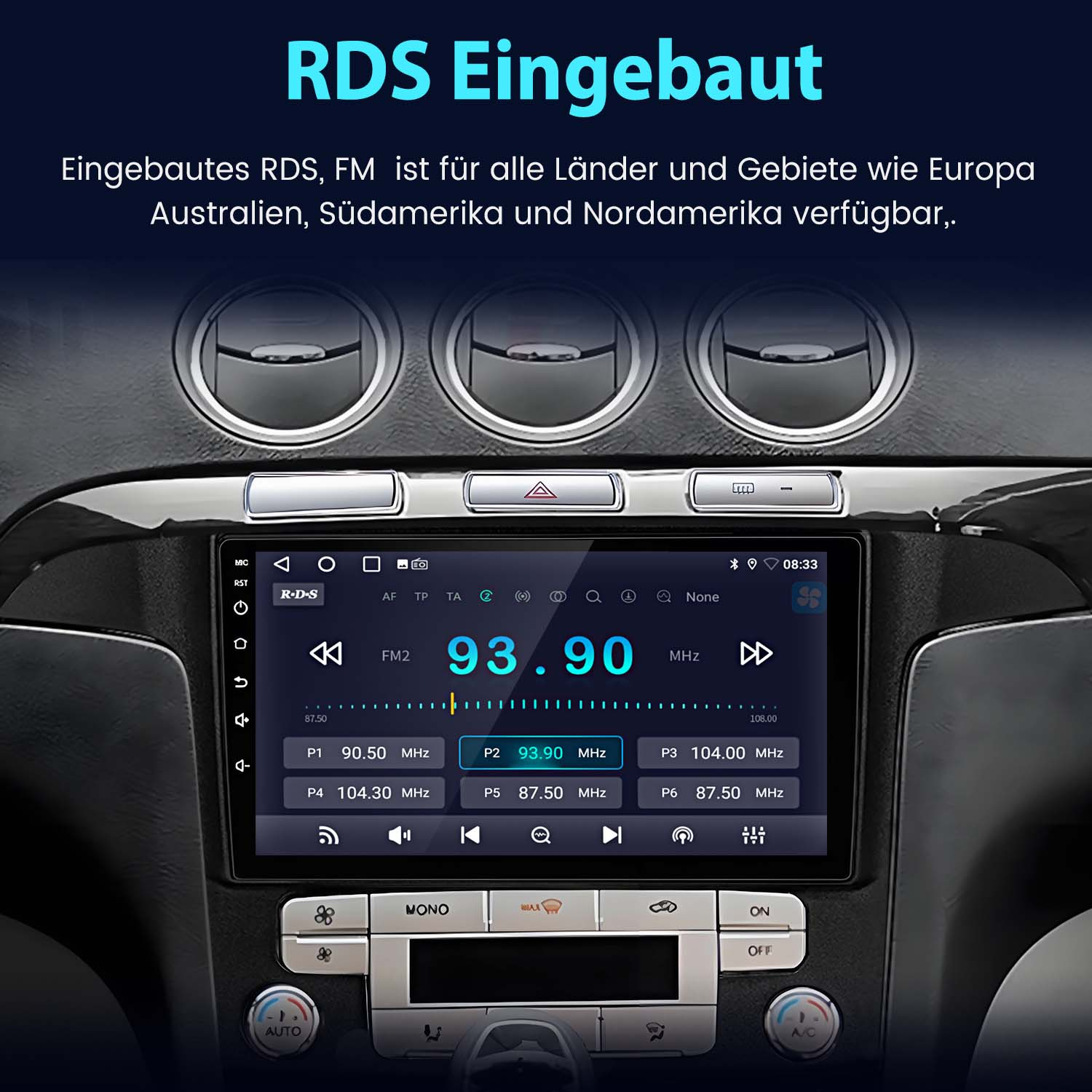 Ein Autoradio, das einen Radiosender bei 93,90 MHz anzeigt. Der Text "RDS Eingebaut" ist sichtbar.