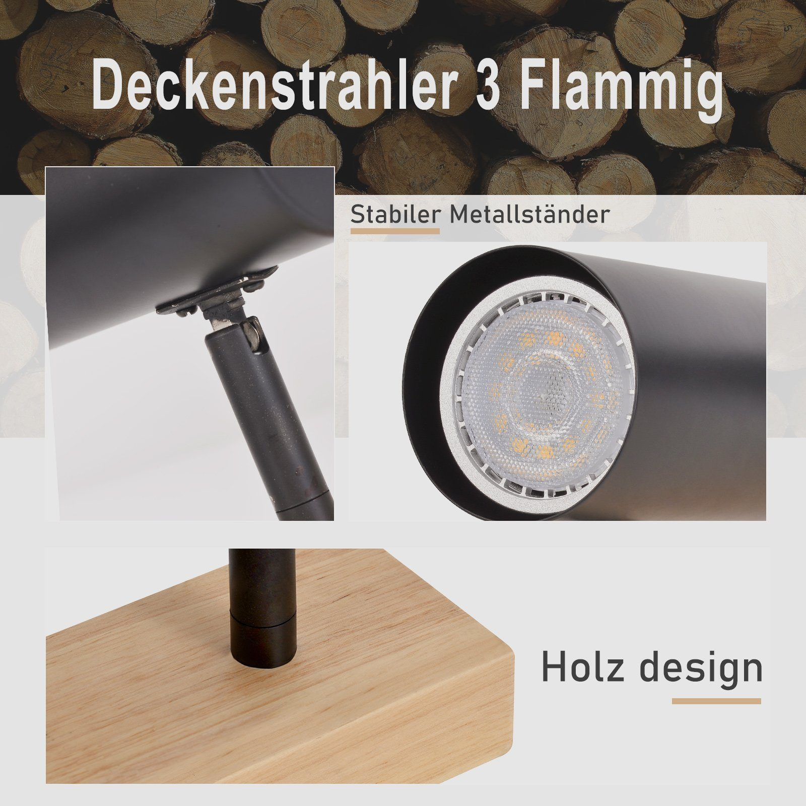 Dettaglio del faretto da soffitto. Lampada nera con base in legno. Primo piano della sorgente luminosa.