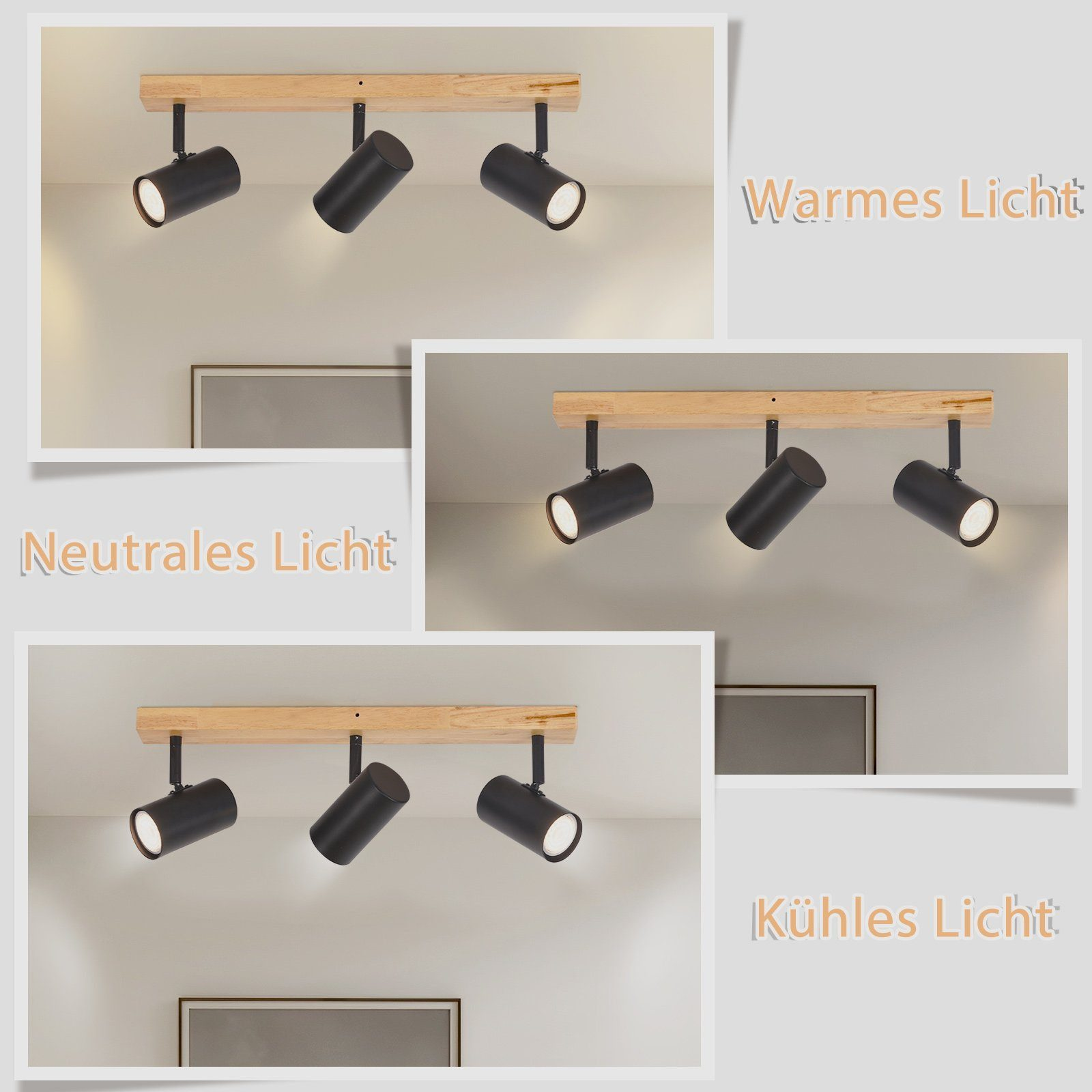 Tre faretti neri su una trave di legno, in una stanza con illuminazione calda, neutra e fredda.
