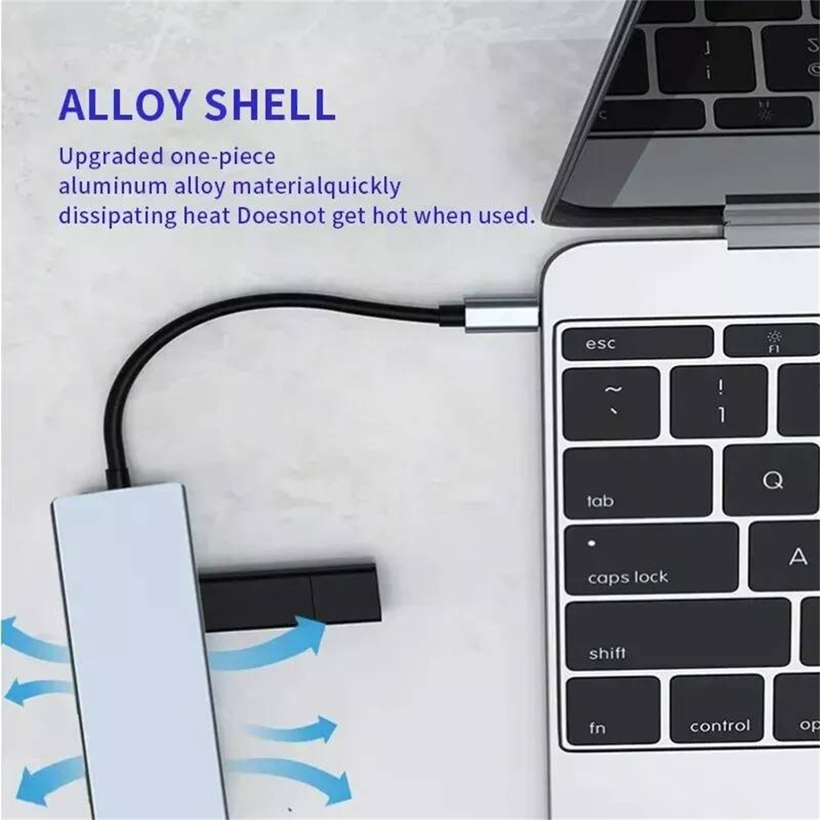 Ein Laptop ist mit einem Hub verbunden, wobei Pfeile die Wärmeableitung vom Hub anzeigen.