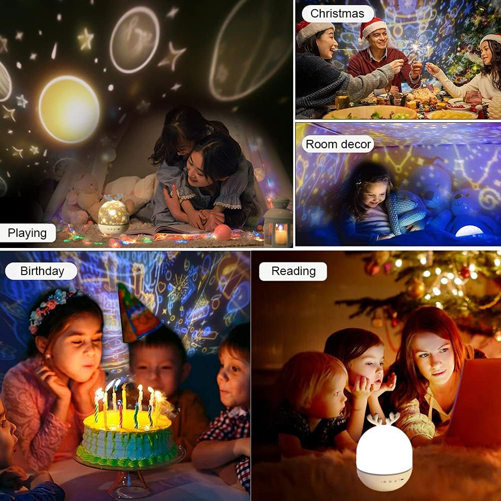 Ein Projektor, der Bilder auf Wände projiziert. Szenen zeigen: Spielen, Weihnachten, Raumdekoration, Geburtstag und Lesen.