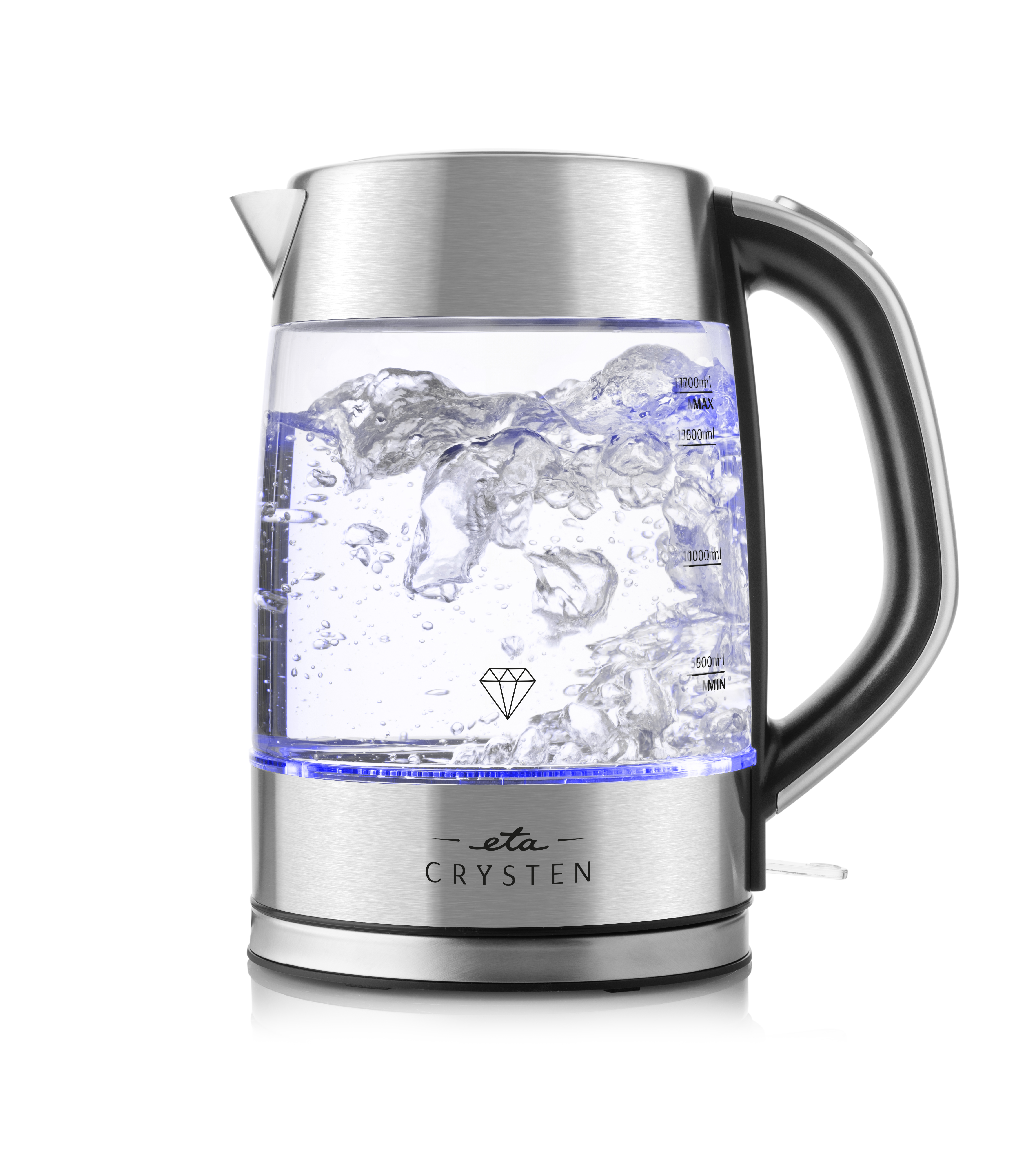 Ein transparenter Wasserkocher mit Wasser darin. Der Boden des Wasserkochers ist blau.