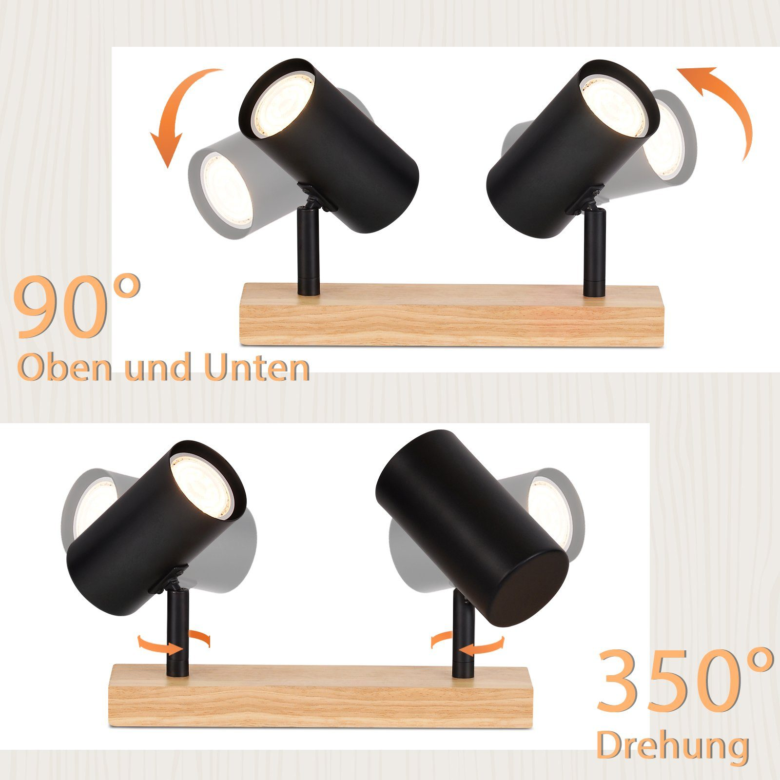 Due faretti neri su una base di legno, orientabili.