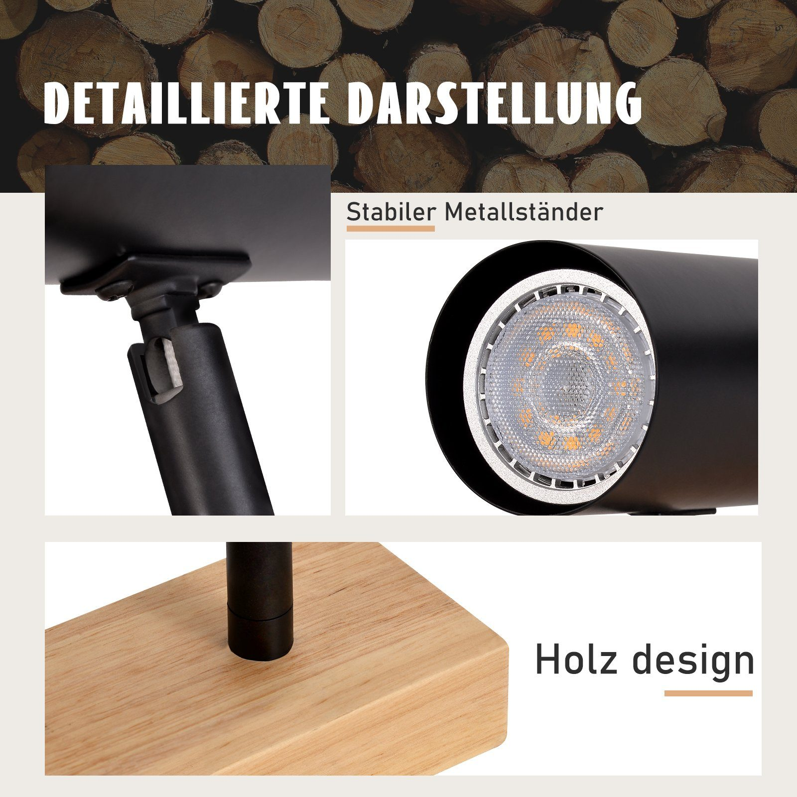 Dettagli ravvicinati di una lampada nera, compreso il supporto in metallo e il design in legno.
