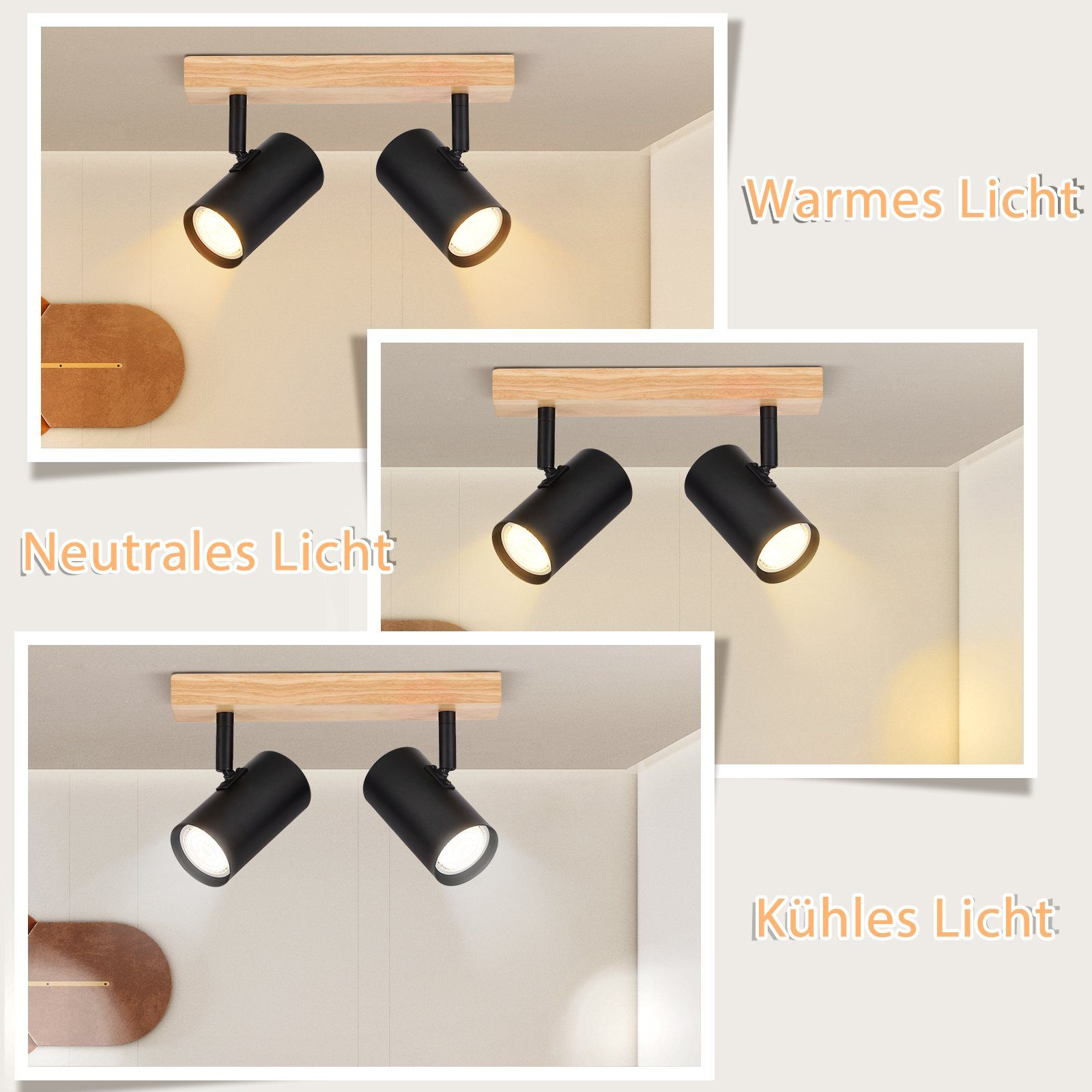 Tre impostazioni di luce: Calda, Neutra e Fredda da faretti neri.