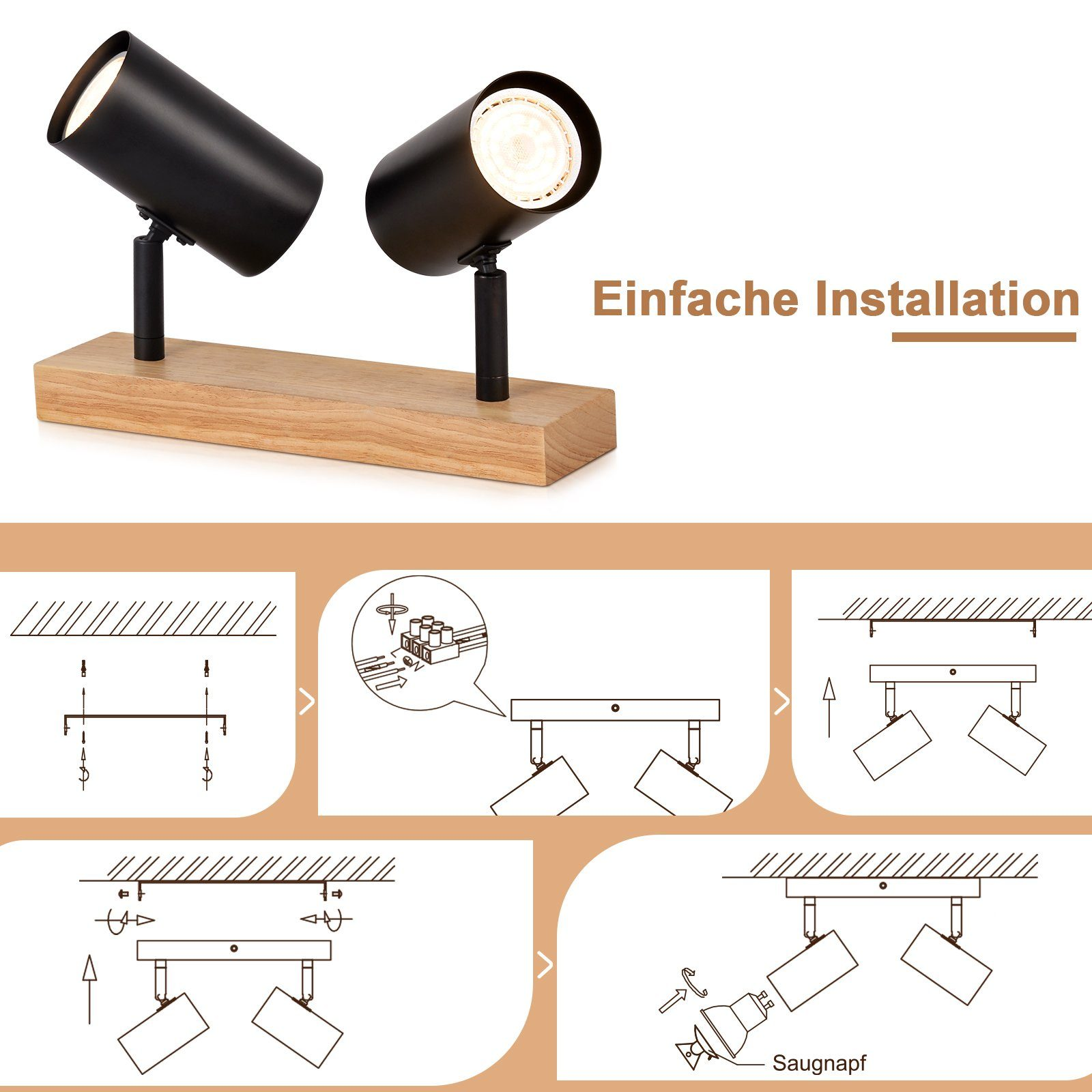 Faretti neri su base in legno. Vengono visualizzati i diagrammi di installazione.