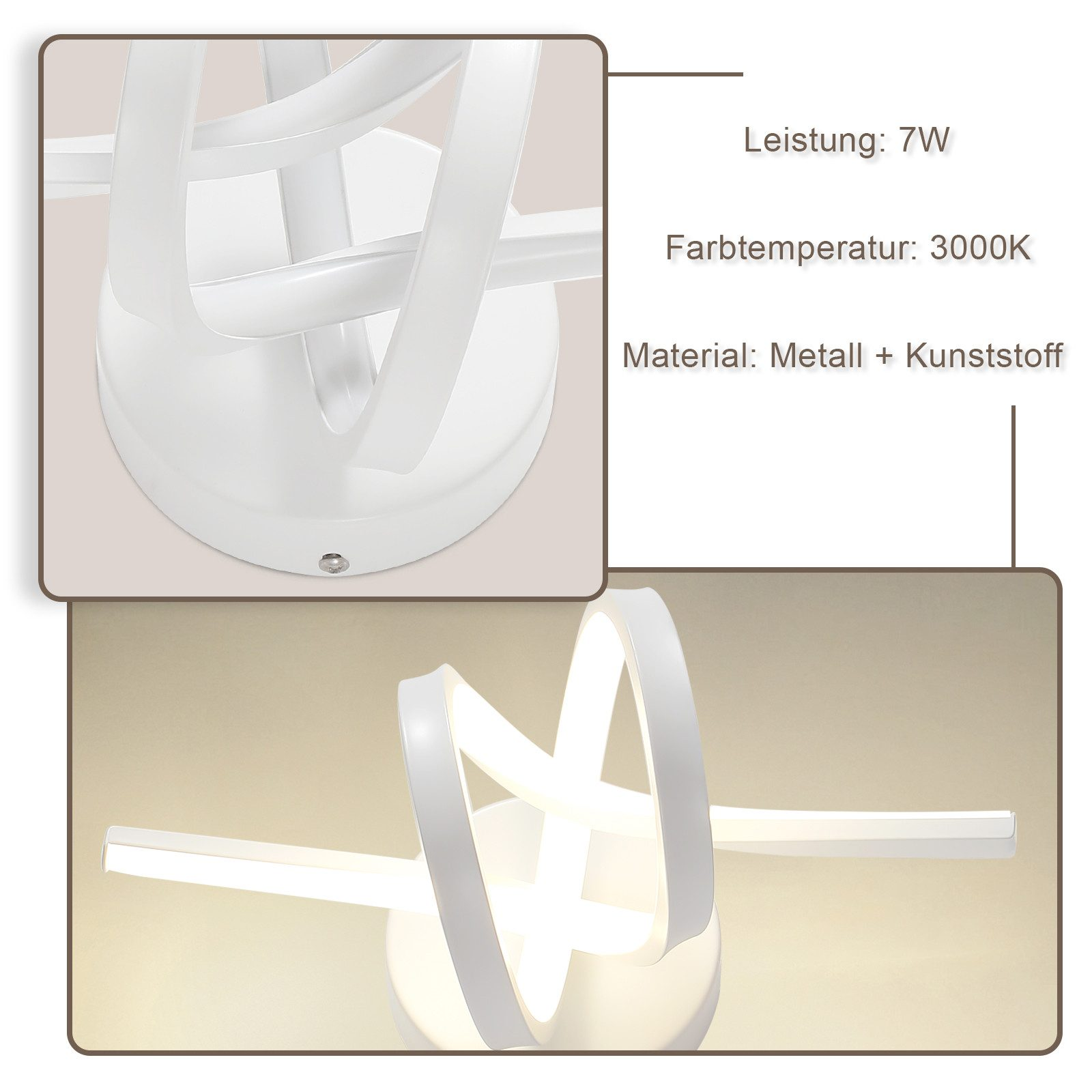 Una lampada da parete bianca dal design moderno. Ha una cornice bianca e una sorgente luminosa.