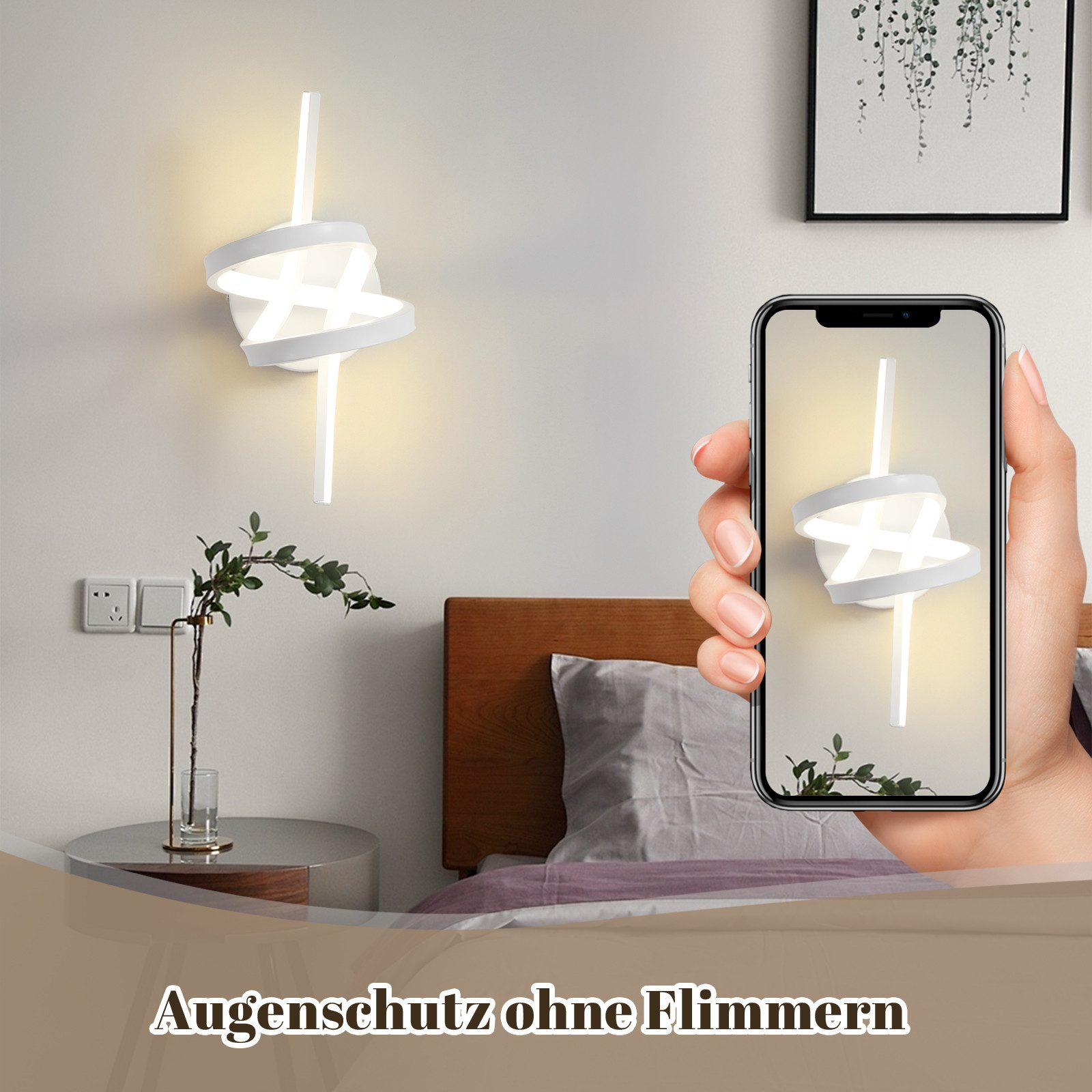 Due lampade da parete bianche, una su un muro, l'altra sullo schermo di un telefono.