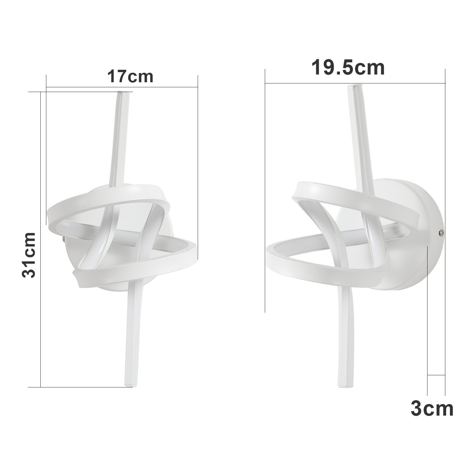 Due luci da parete decorative bianche con dimensioni. Le luci hanno un design unico e intrecciato.