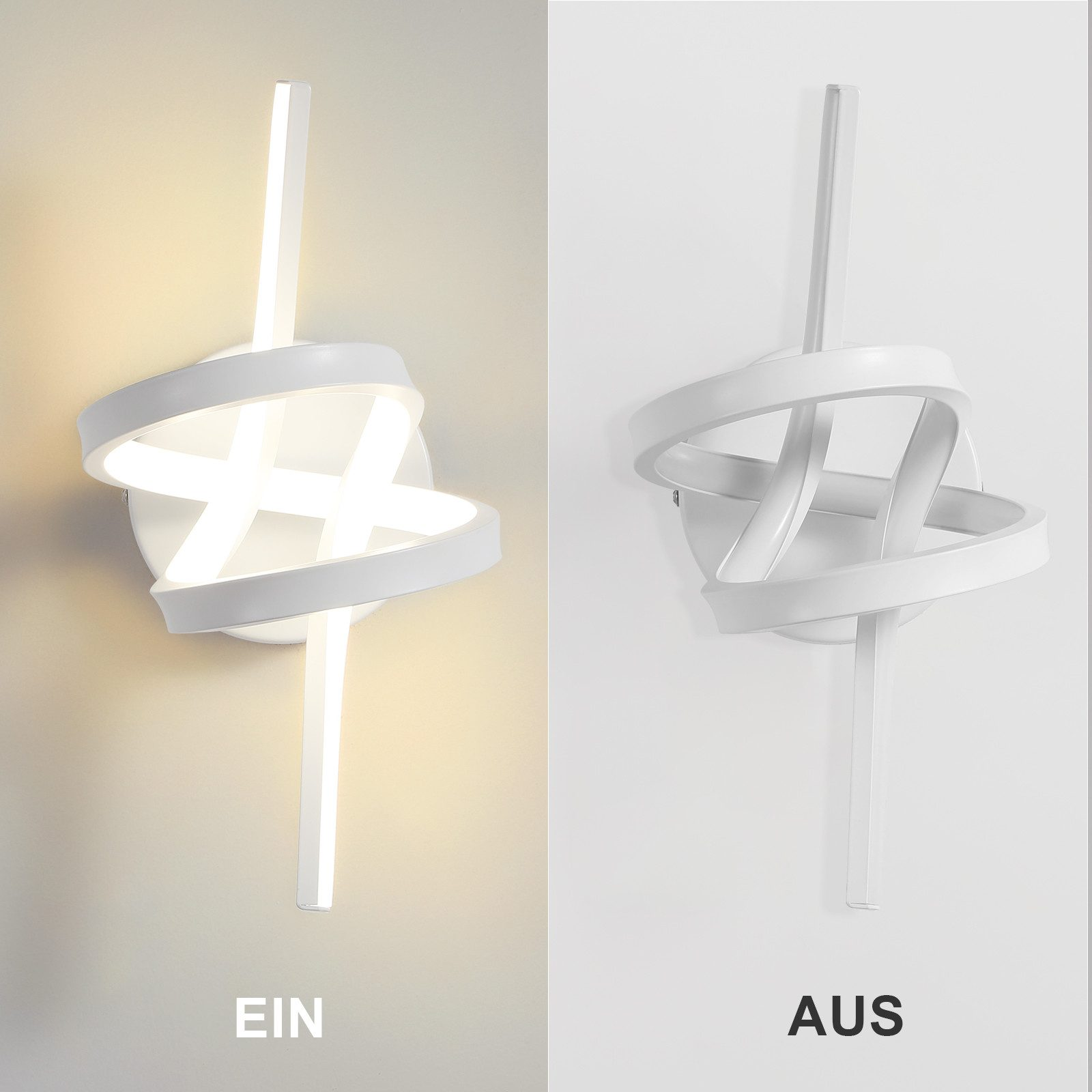 Due immagini di una lampada da parete bianca dal design unico. Una è accesa, l'altra spenta.