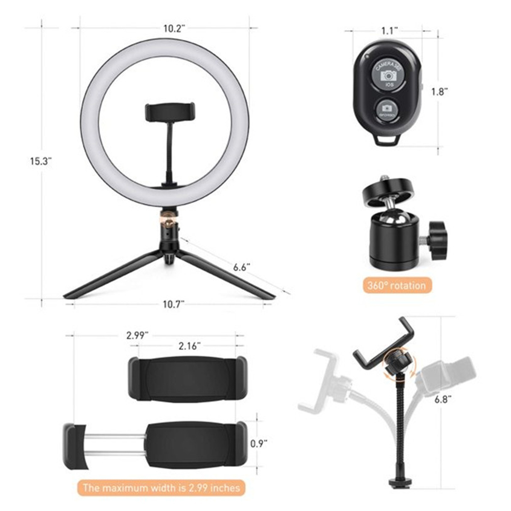 Ringlicht-Kit mit Ständer, Telefonhalter und Fernbedienung, Abmessungen. Eine Vielzahl von Zubehör.