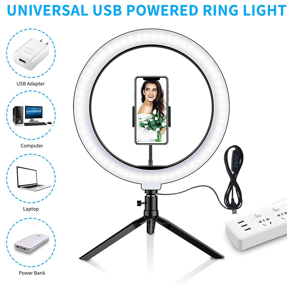 Ringlicht mit Telefonhalter, Netzteil und anderen Stromversorgungsoptionen.