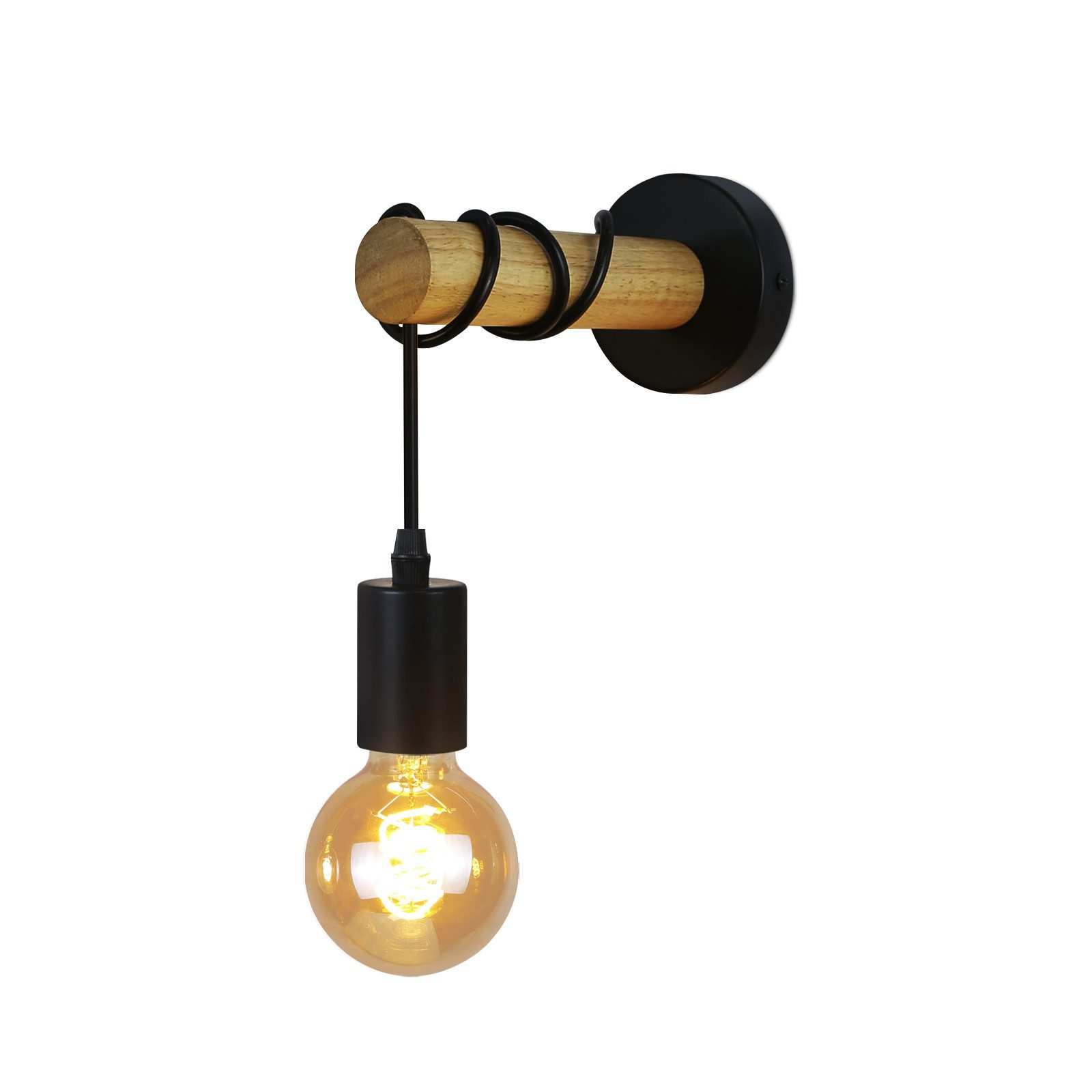 Lampada da parete con braccio in legno, dettagli neri e lampadina luminosa.