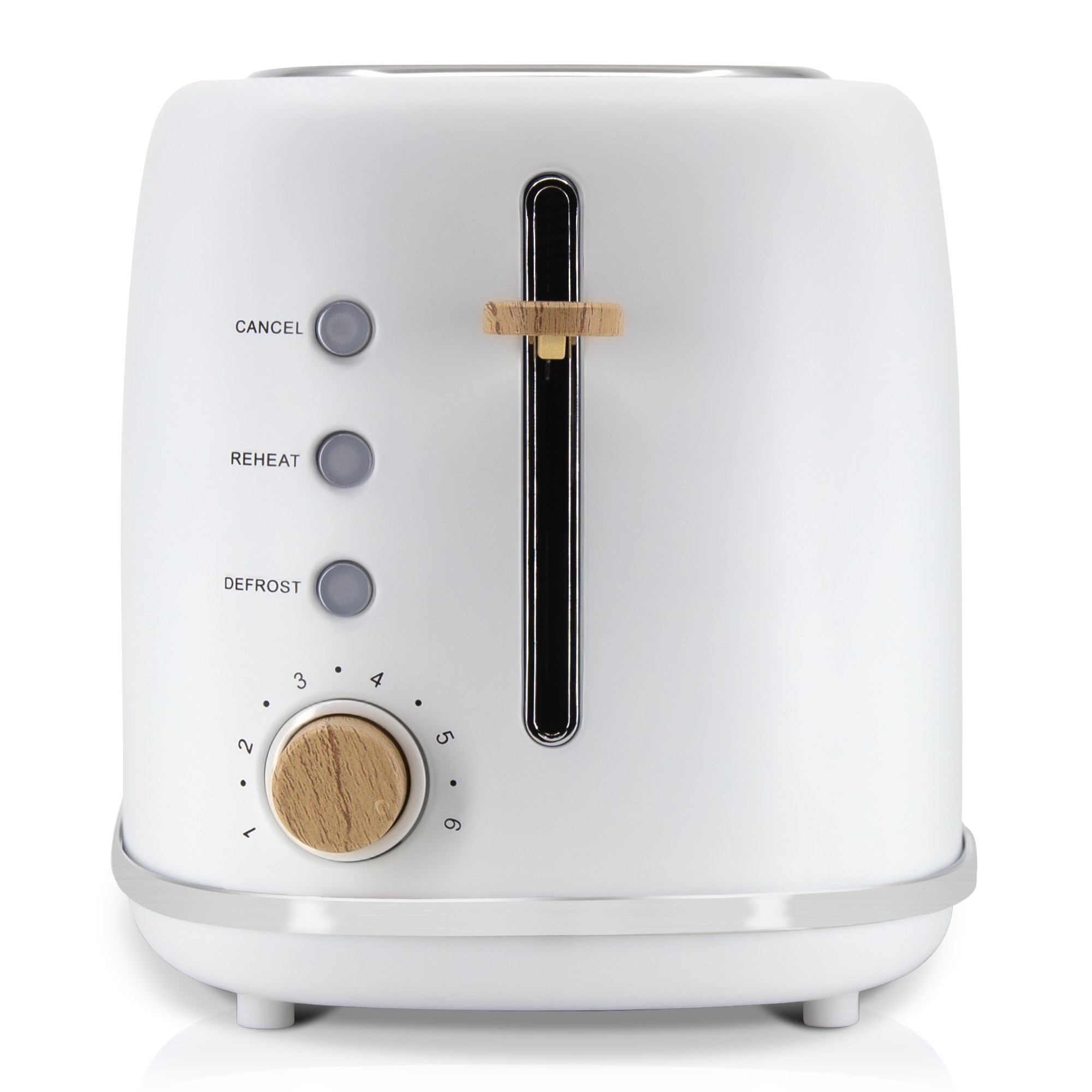 Seitenansicht eines weißen Toasters mit Schlitzen, Hebel und Drehknopf mit Zahlen.