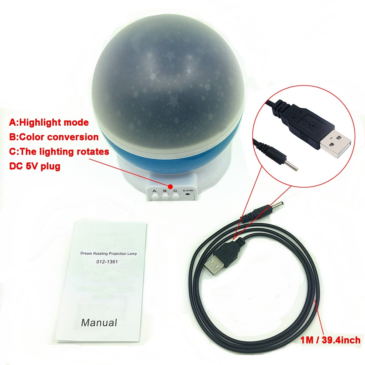Ein Nachtlichtprojektor mit Handbuch, USB-Kabel und Nahaufnahme des USB-Steckers.