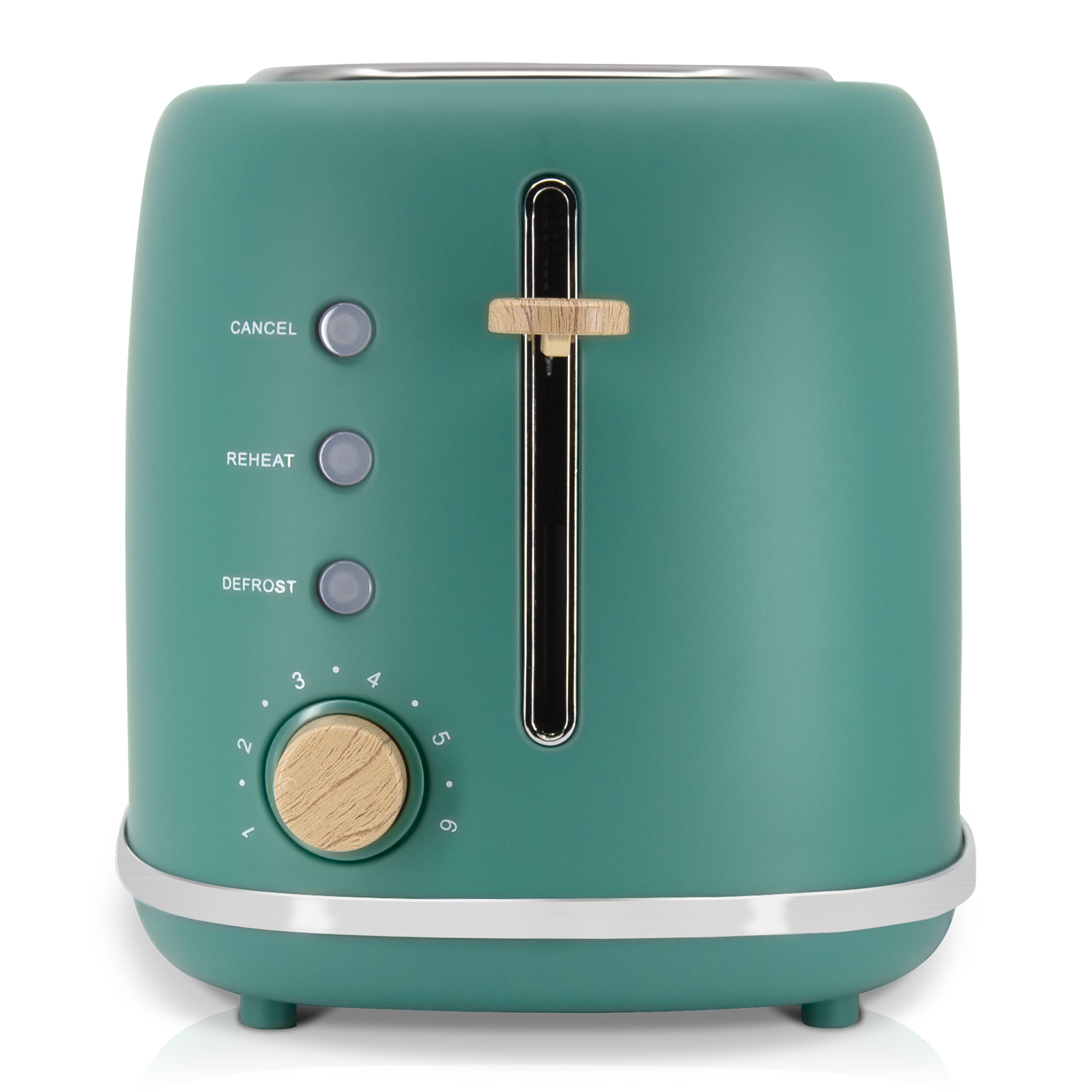 Ein teal Toaster mit Holzakzenten, Knöpfen und einem Drehknopf, weißer Hintergrund.