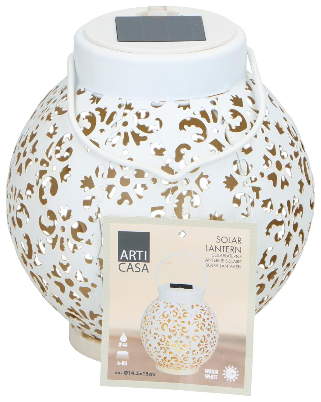 White solar lantern with floral cutouts and a tag, white background.