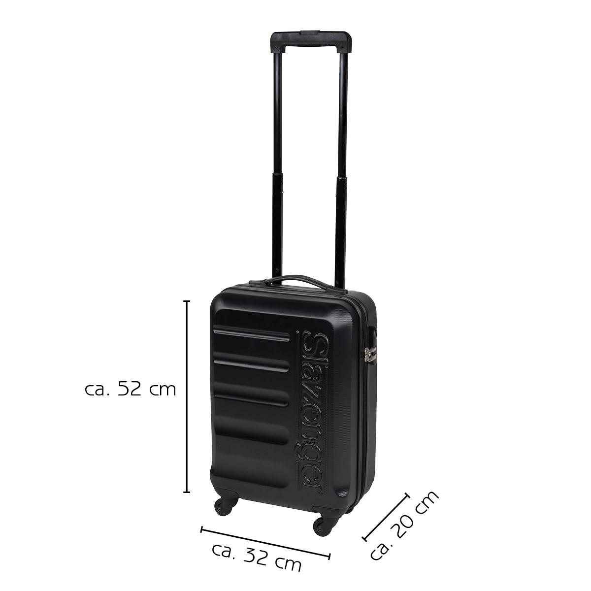 A black Slazenger suitcase on wheels. It has a handle and dimensions of 52x32x20 cm.