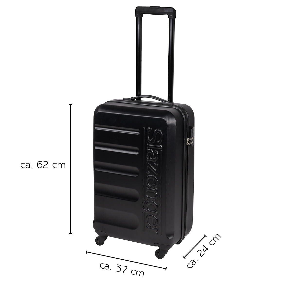 Black Slazenger suitcase with a handle and wheels. Dimensions are ca. 62 cm, ca. 37 cm and ca. 24 cm.