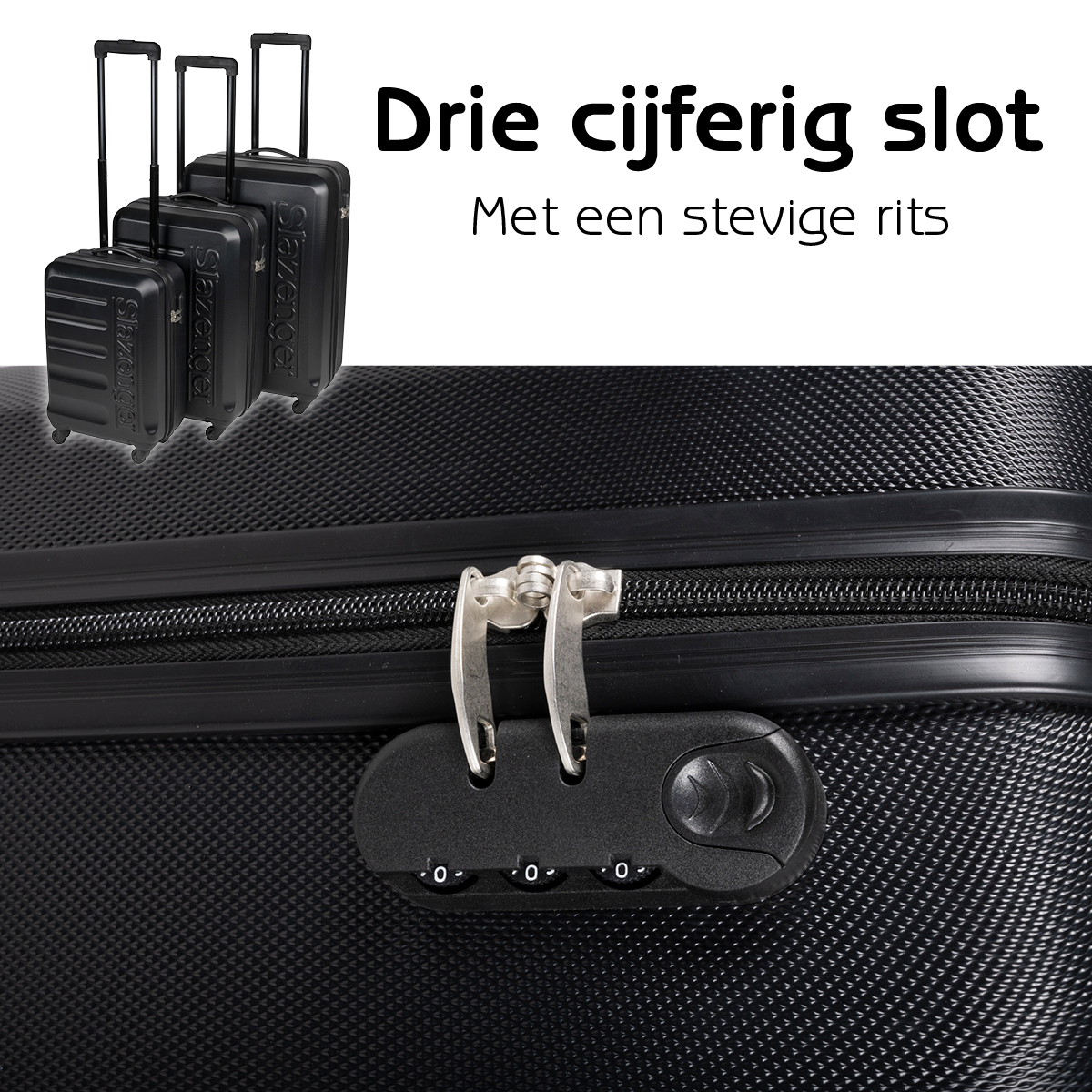 Black suitcases. One open, with combination lock. Textured surface. Black background.