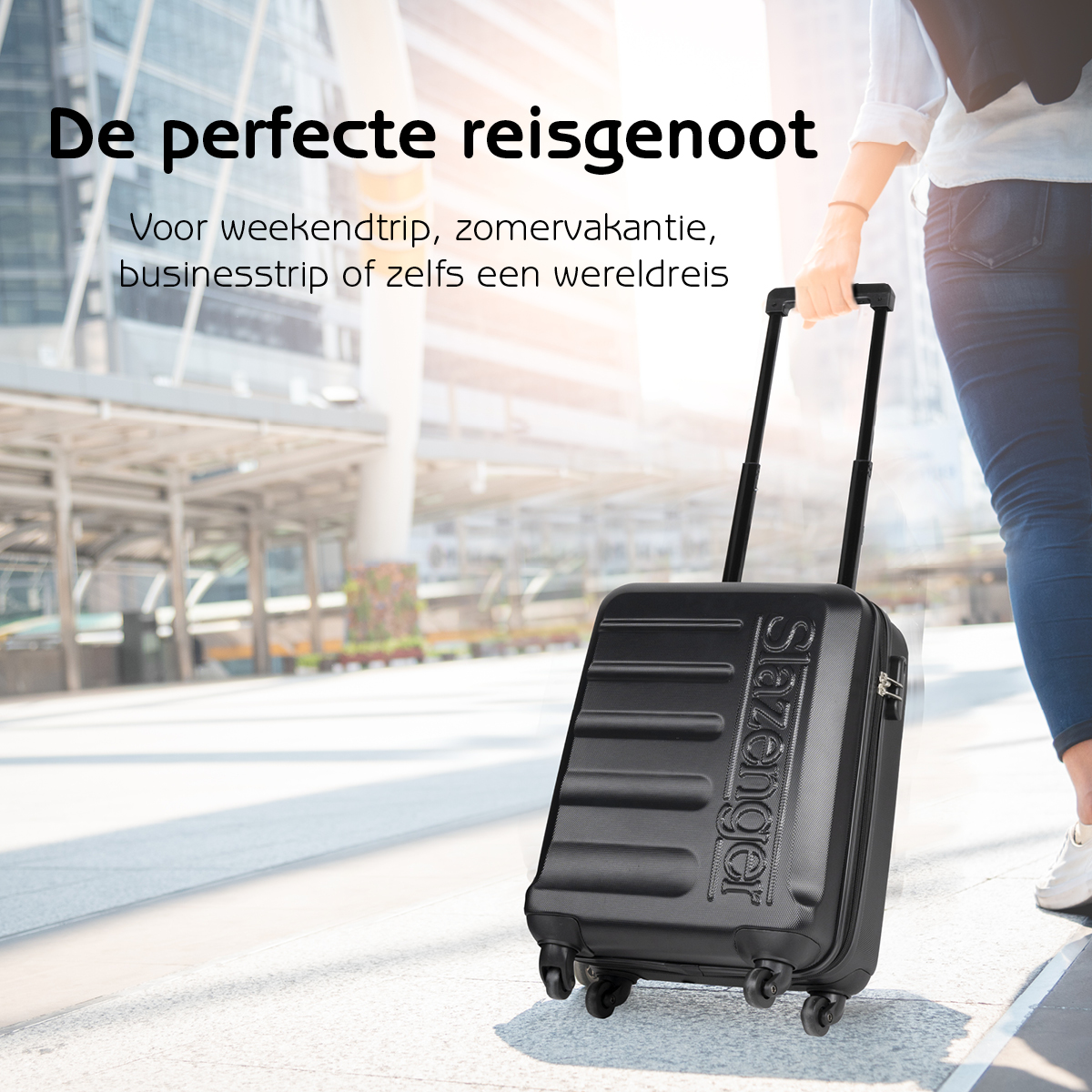 A person pulling a black suitcase on wheels. The background is a city scene.