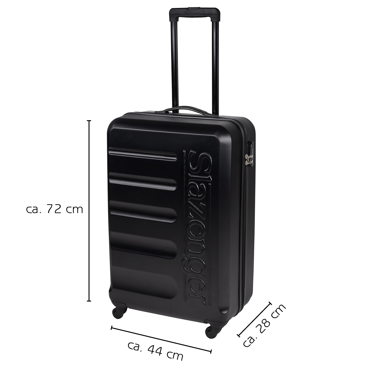 Black Slazenger suitcase with handle extended, dimensions are provided.