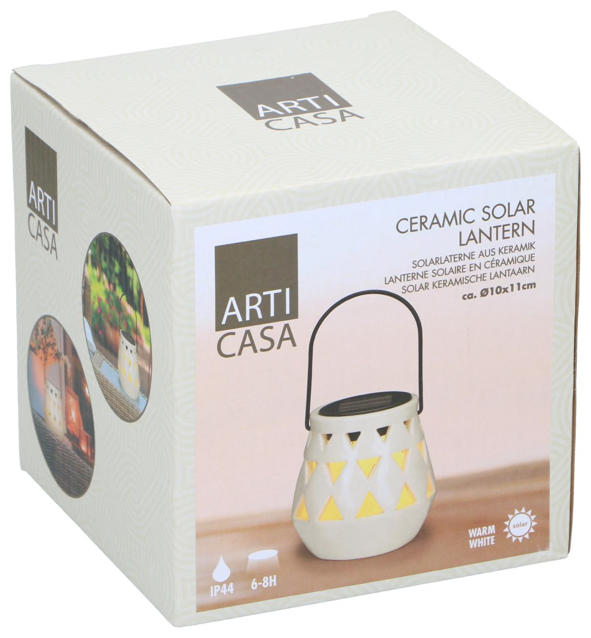 A white box with a solar lantern. Text: Ceramic Solar Lantern. White background.