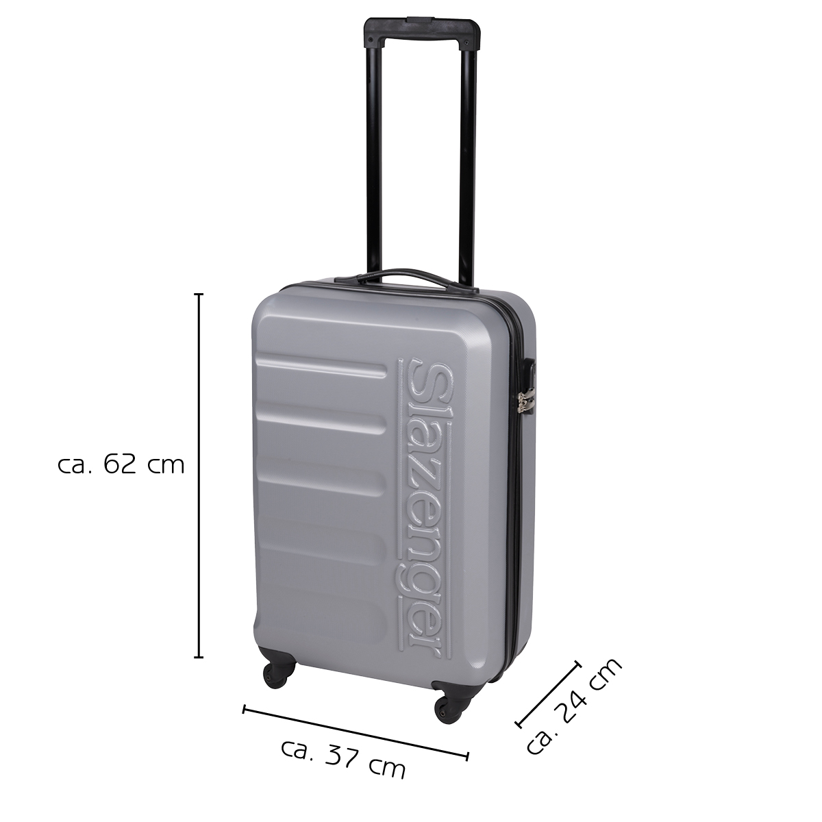 A gray suitcase on a white background, with dimensions in centimeters.